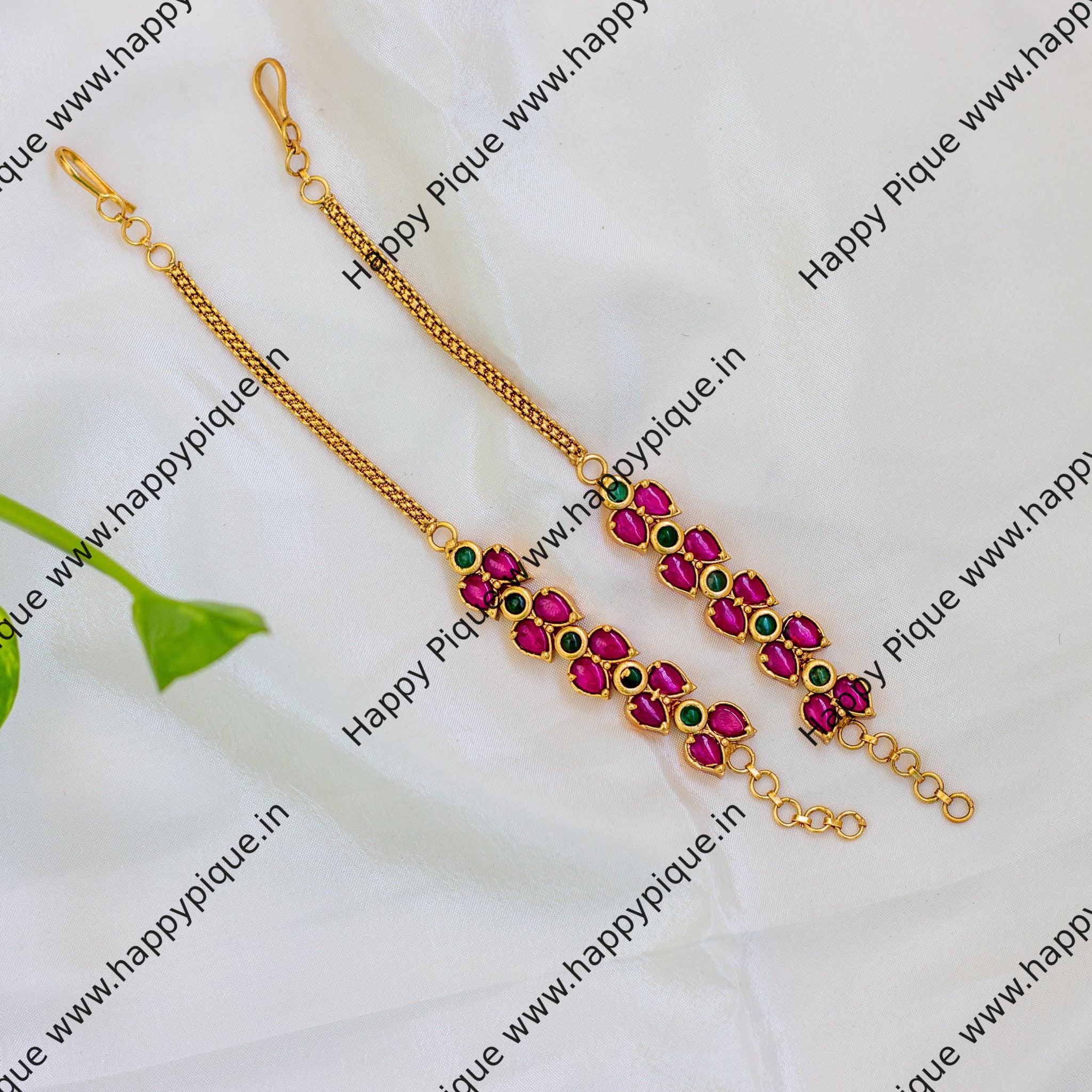 Premium Double Leaf Kemp Bridal Ear Chain / Maatal / Kaan Chain - Red with Green - MT002