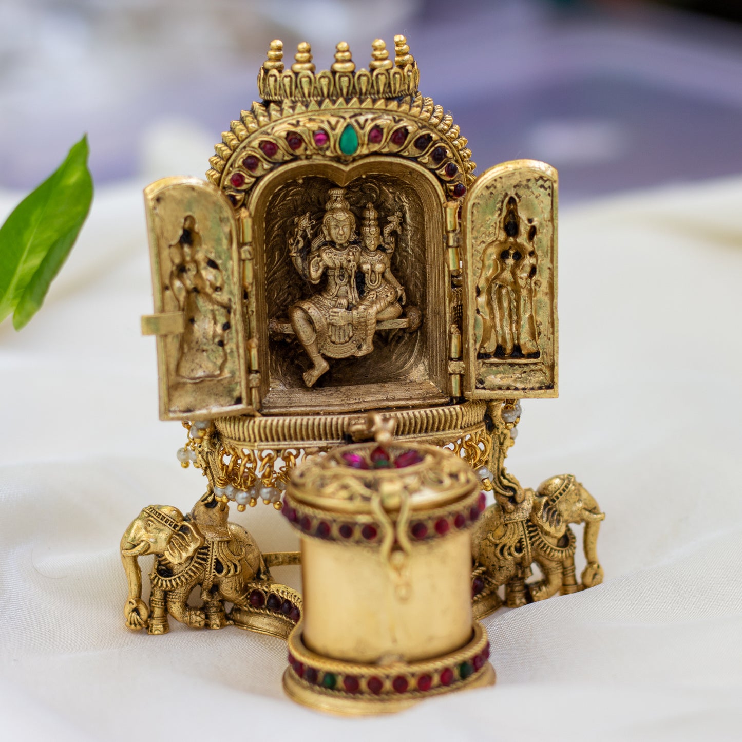 Antique Gold Shiva Parvathi with Dwarapalakas Nakshi Design Kum Kum Box
