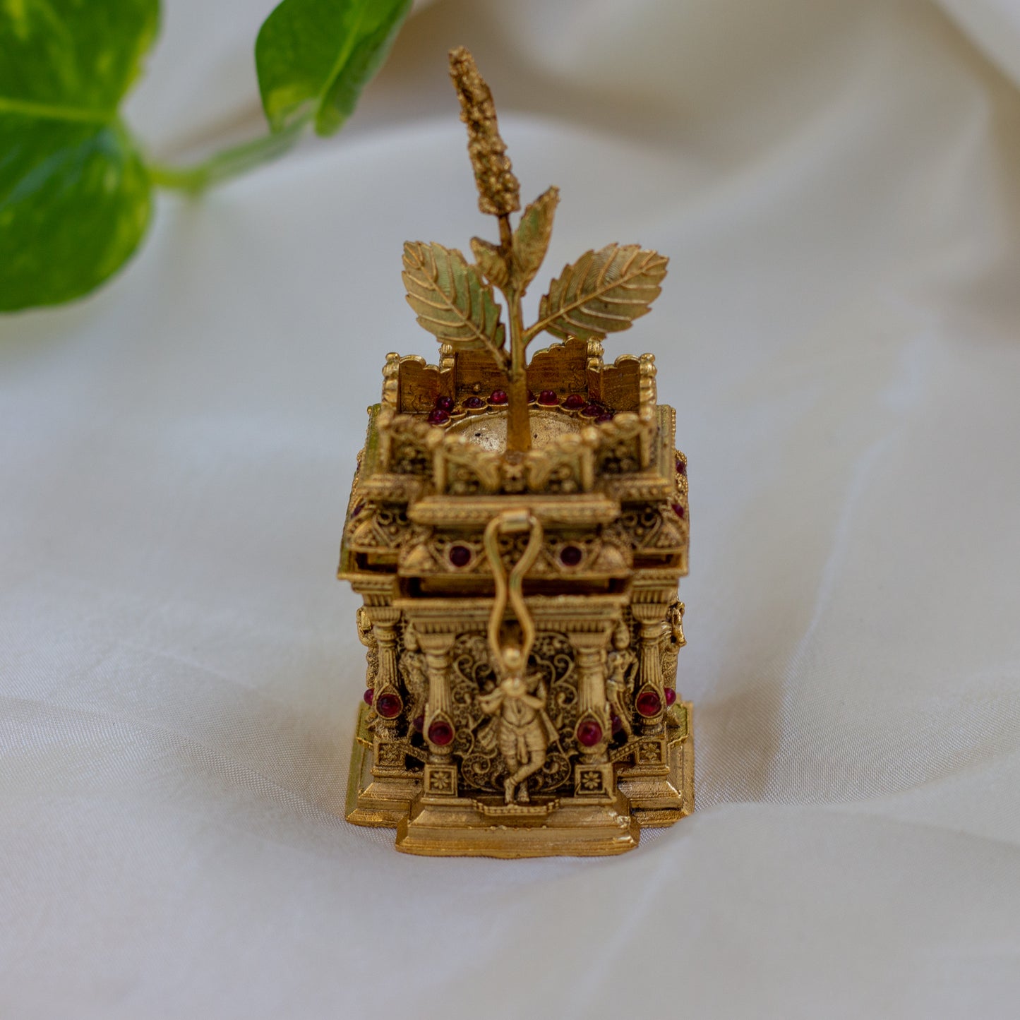 Antique Gold Krishna Tulsi Nakshi Design Deep Kum Kum Box