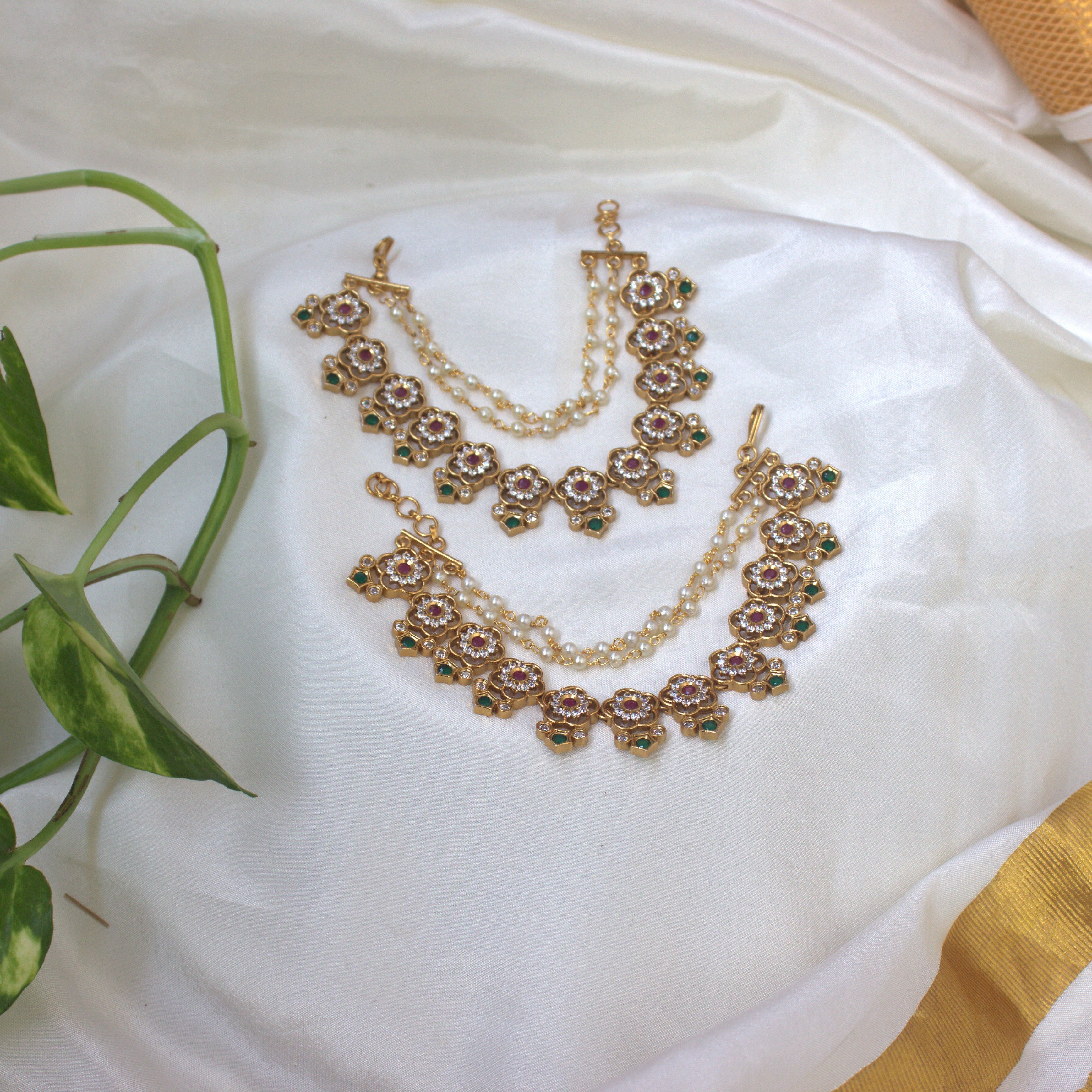 3 Line Flower Cut AD Bridal Heavy Ear Chain Kaan Chain Maatal