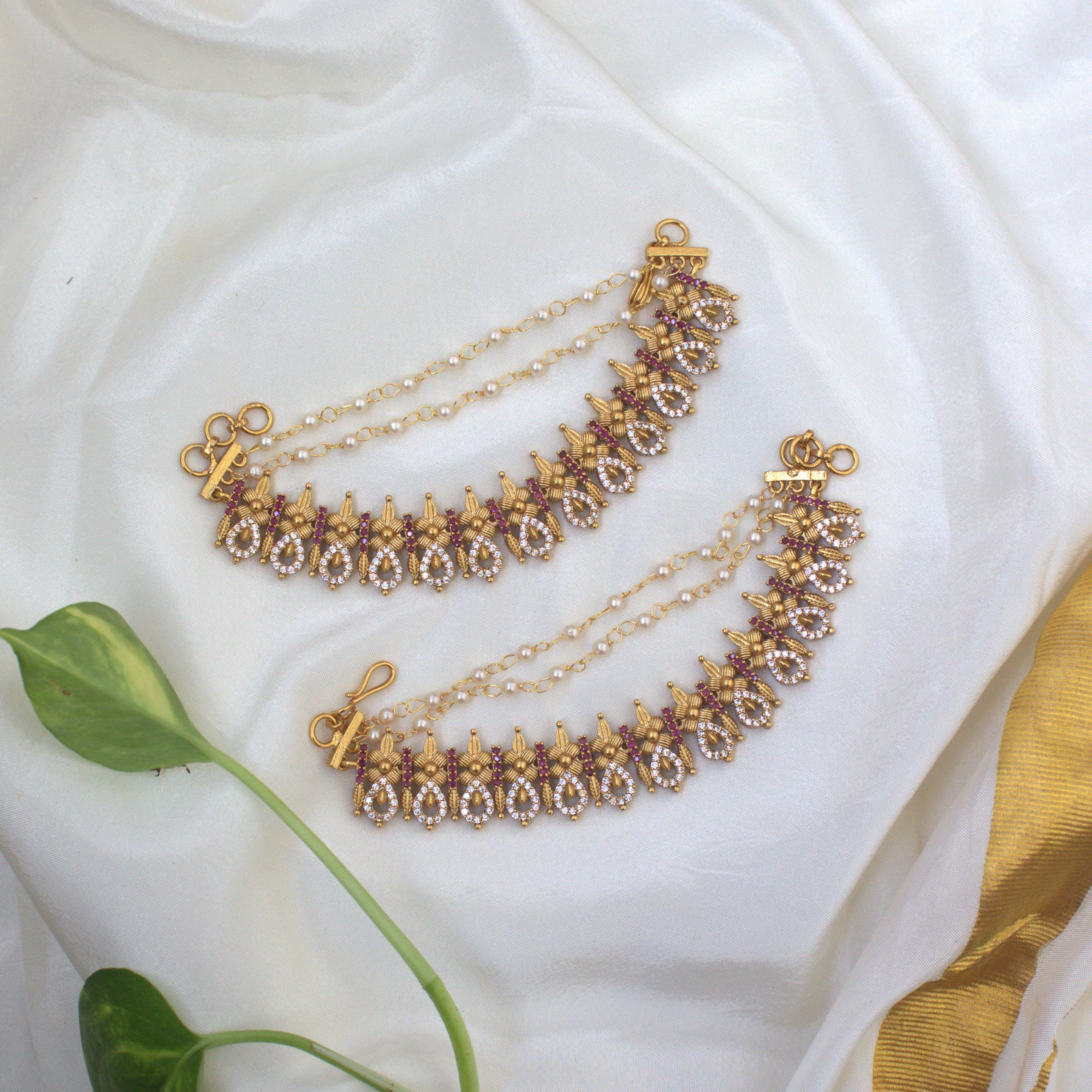 3 Line Gold Look AD Tilak Bridal Ear Chain/Kaan Chain/Maatal - White & Red