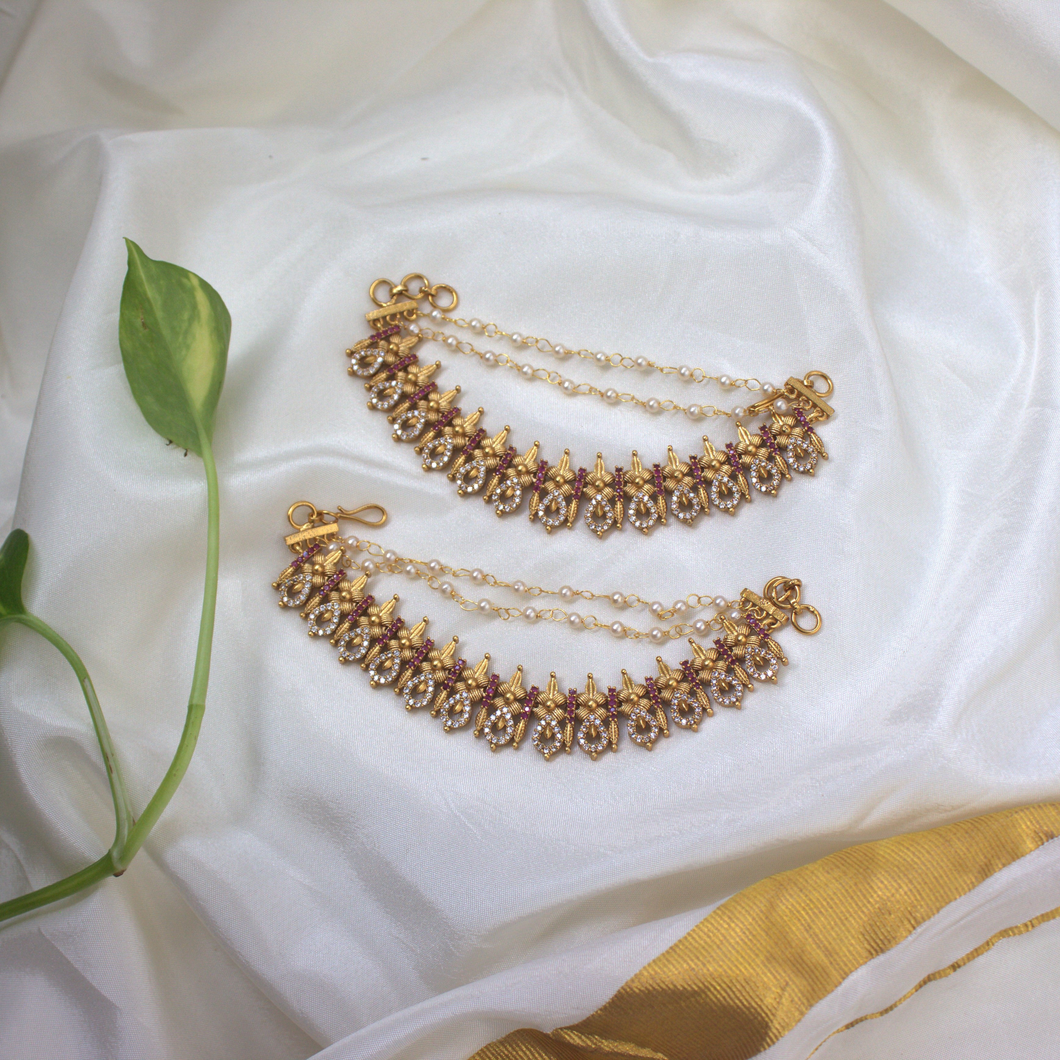 3 Line Gold Look AD Tilak Bridal Ear Chain/Kaan Chain/Maatal - White & Red