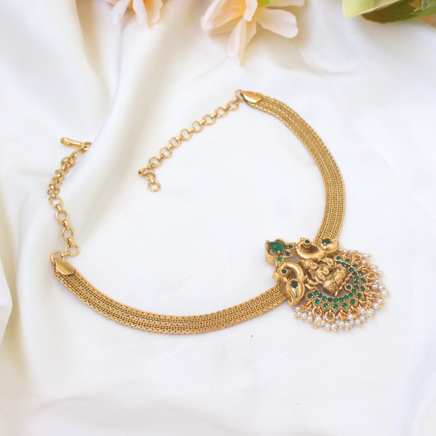 Antique Gold Mahalakshmi AD Pendant Traditional Choker - Emerald