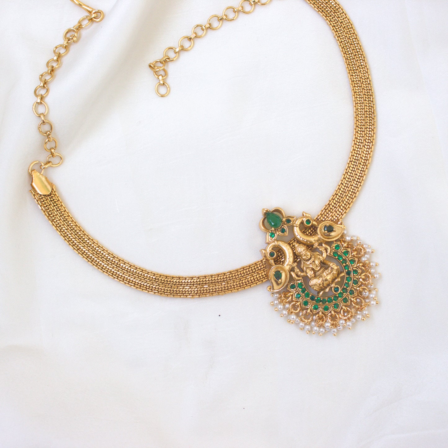 Antique Gold Mahalakshmi AD Pendant Traditional Choker - Emerald