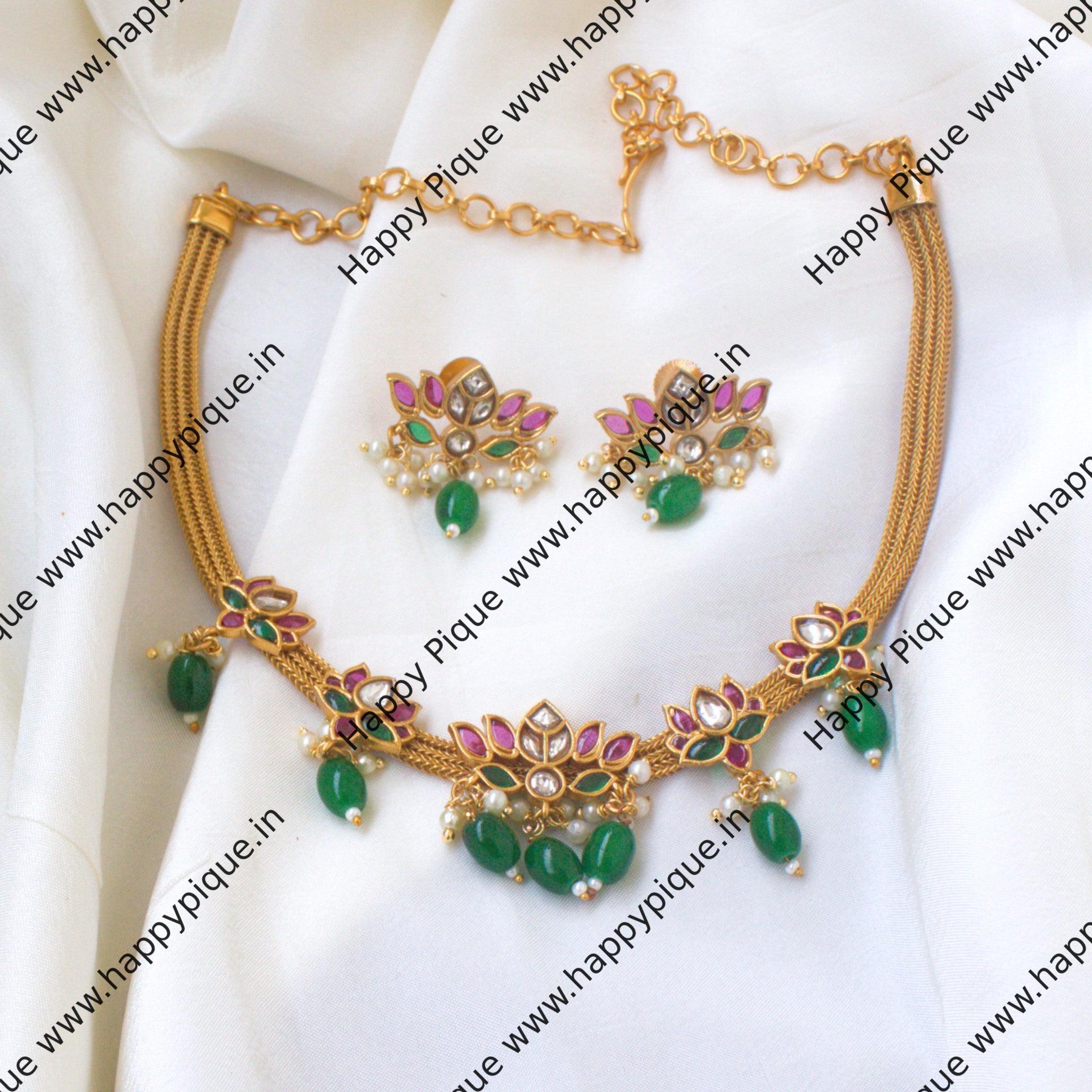 Premium Antique Matte Lotus Kemp Choker Set - Red, White and Green