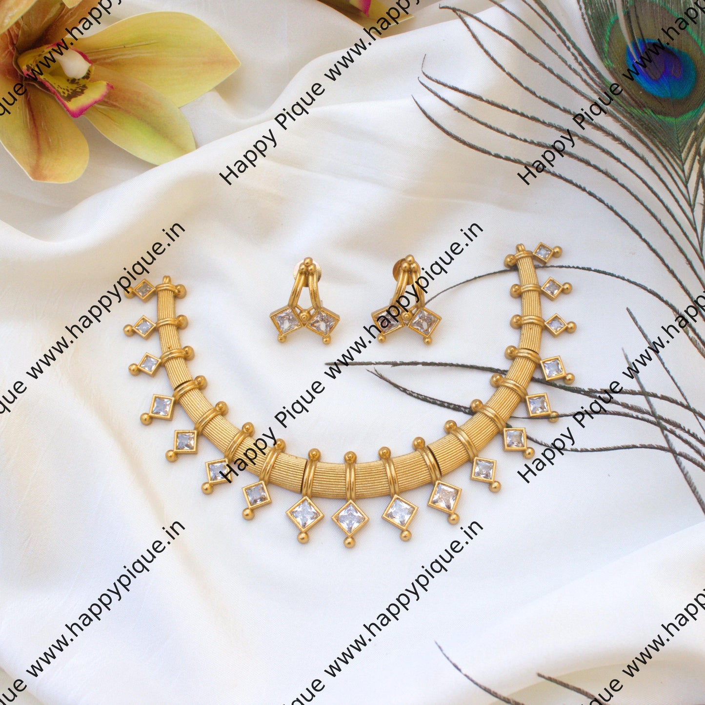 Premium Budget Friendly Matte Gold Diamond Stone Necklace Set - White