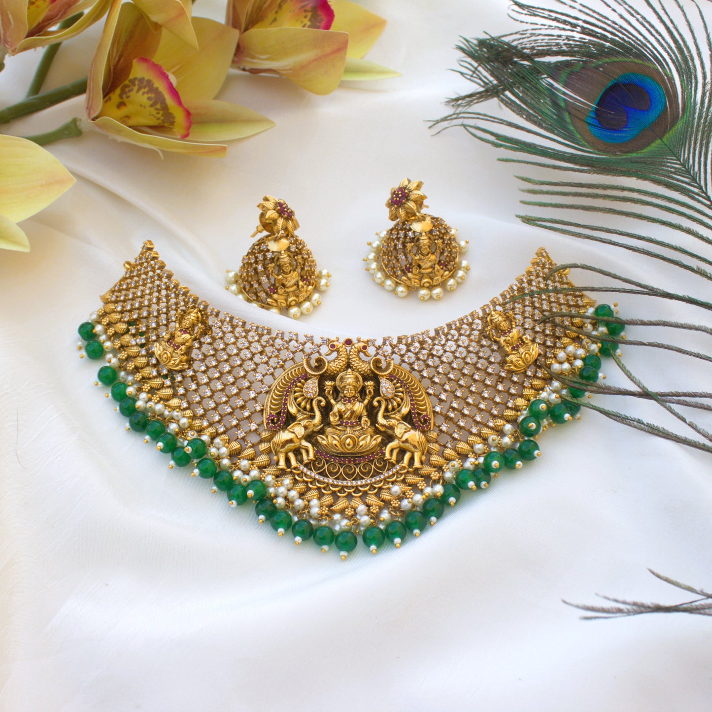 AD Stones Studded Nagas Lakshmi Heavy Bridal Choker Set