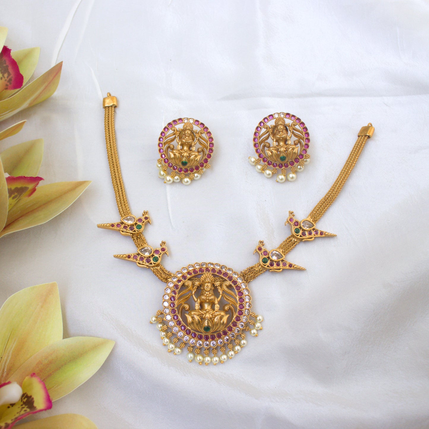 Premium Matte Finish Lakshmi Parrot AD Necklace Set