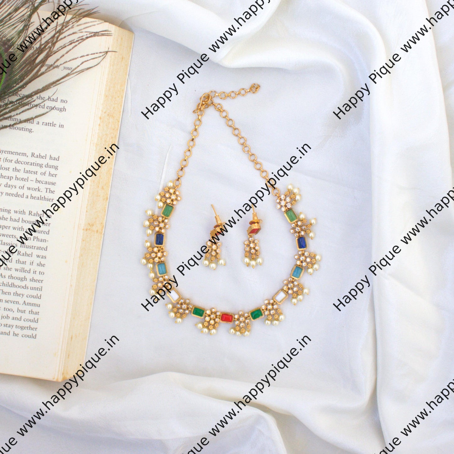 Premium Gold Look Rectangle Flower Stone AD Necklace Set - Navarathna