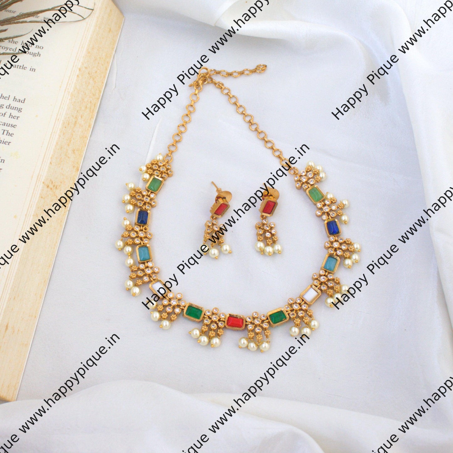 Premium Gold Look Rectangle Flower Stone AD Necklace Set - Navarathna