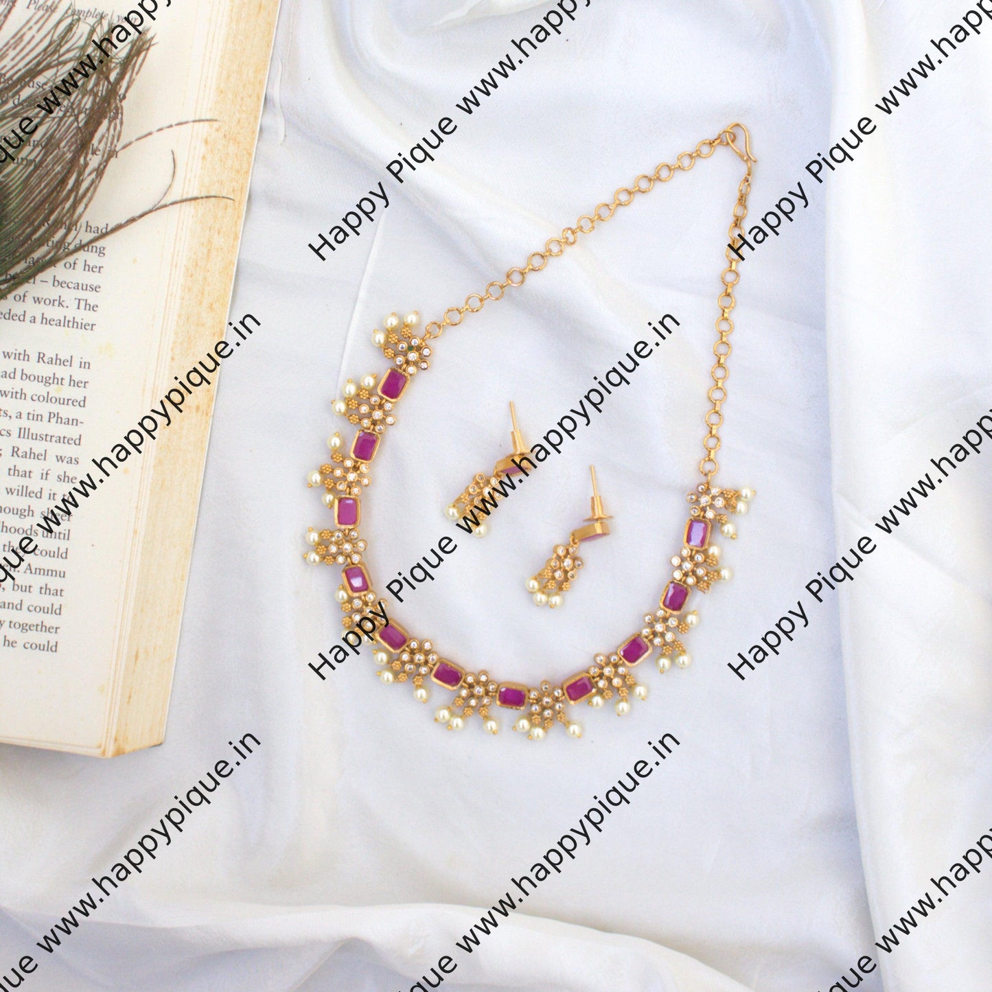 Premium Gold Look Rectangle Flower Stone AD Necklace Set - Ruby