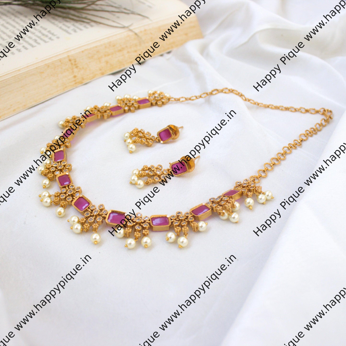 Premium Gold Look Rectangle Flower Stone AD Necklace Set - Ruby