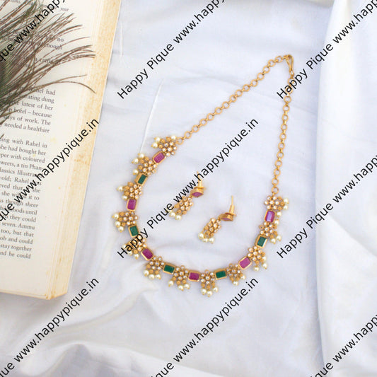 Premium Gold Look Rectangle Flower Stone AD Necklace Set - Ruby & Green