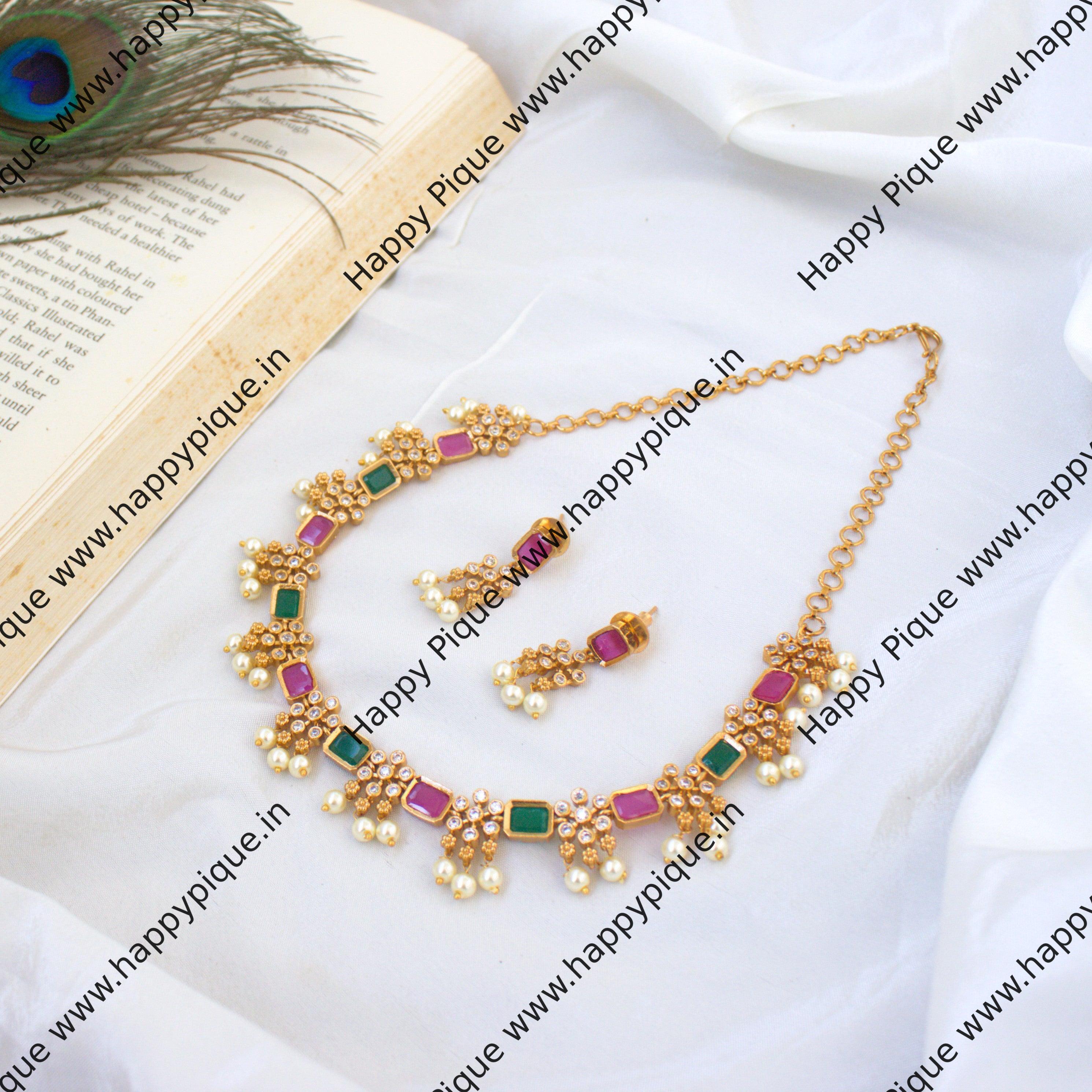 Premium Gold Look Rectangle Flower Stone AD Necklace Set - Ruby & Green