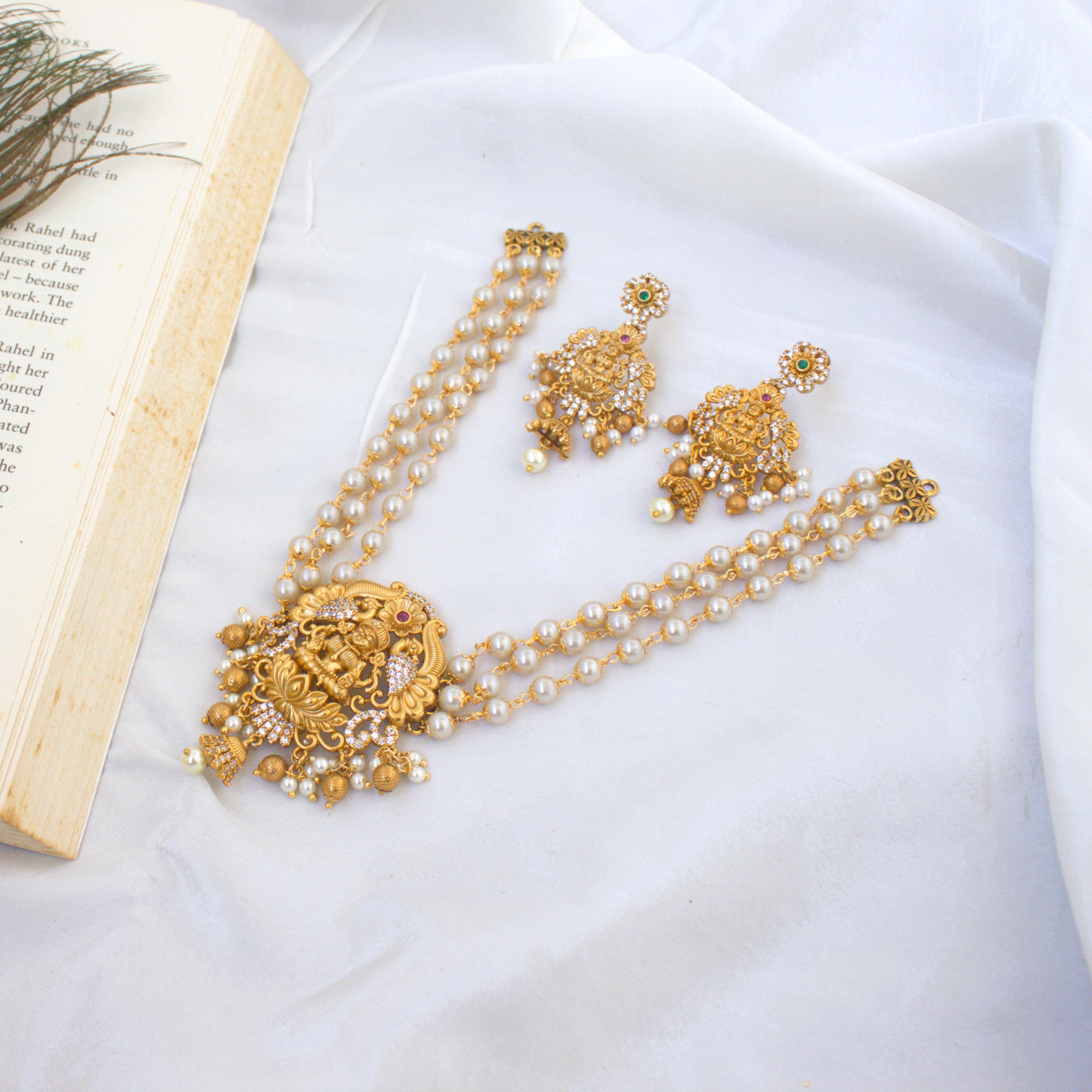 Gold Look 3 Line Pearl AD Lakshmi Choker Set