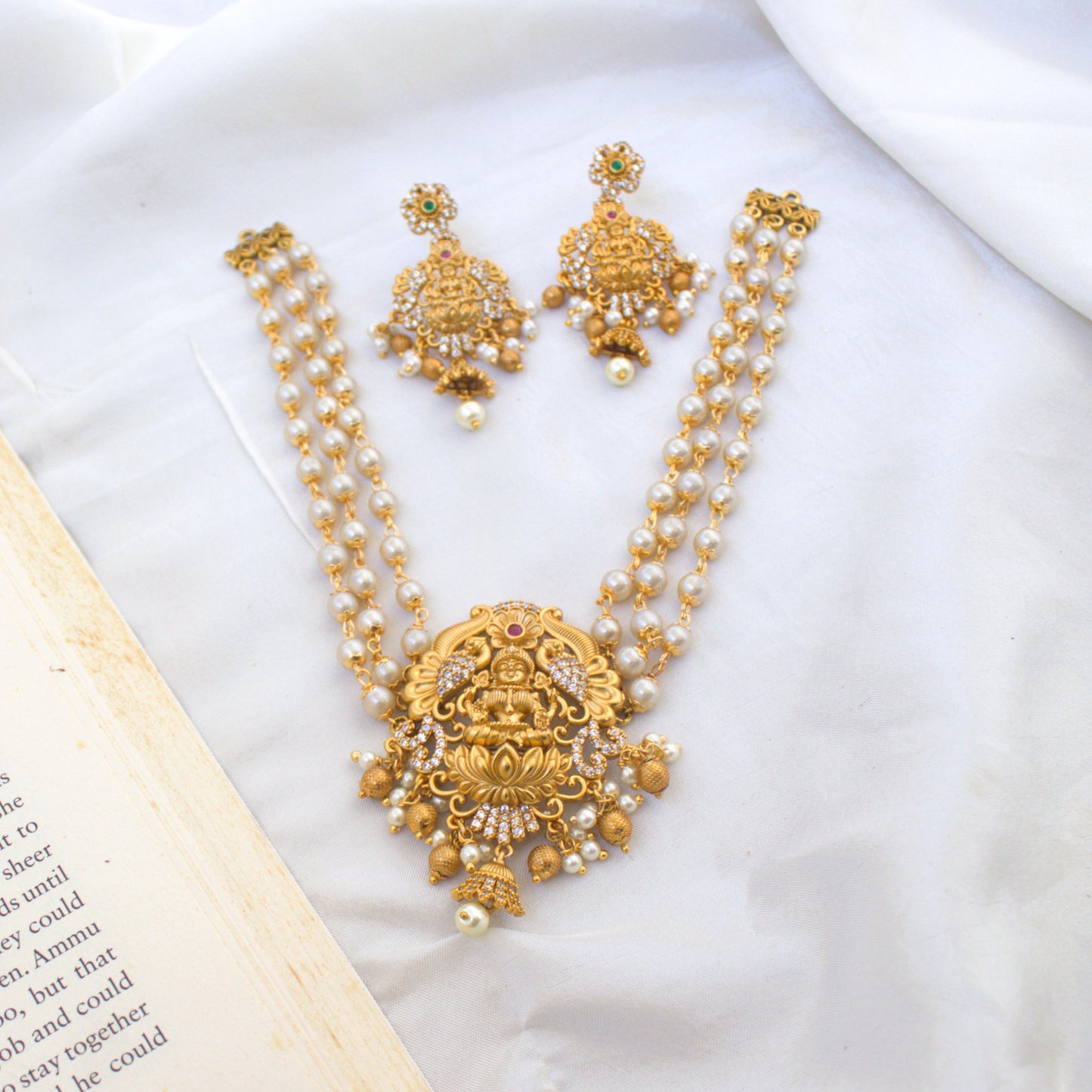 Gold Look 3 Line Pearl AD Lakshmi Choker Set