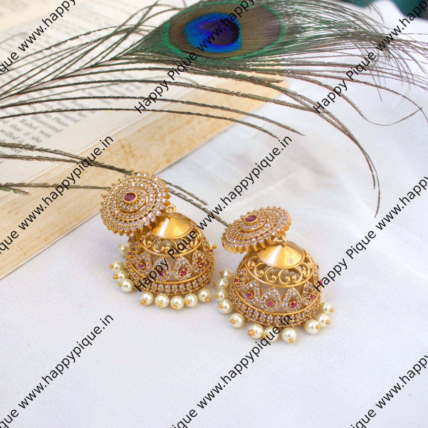 Premium Gold Look AD Bridal Jhumkas - Ruby