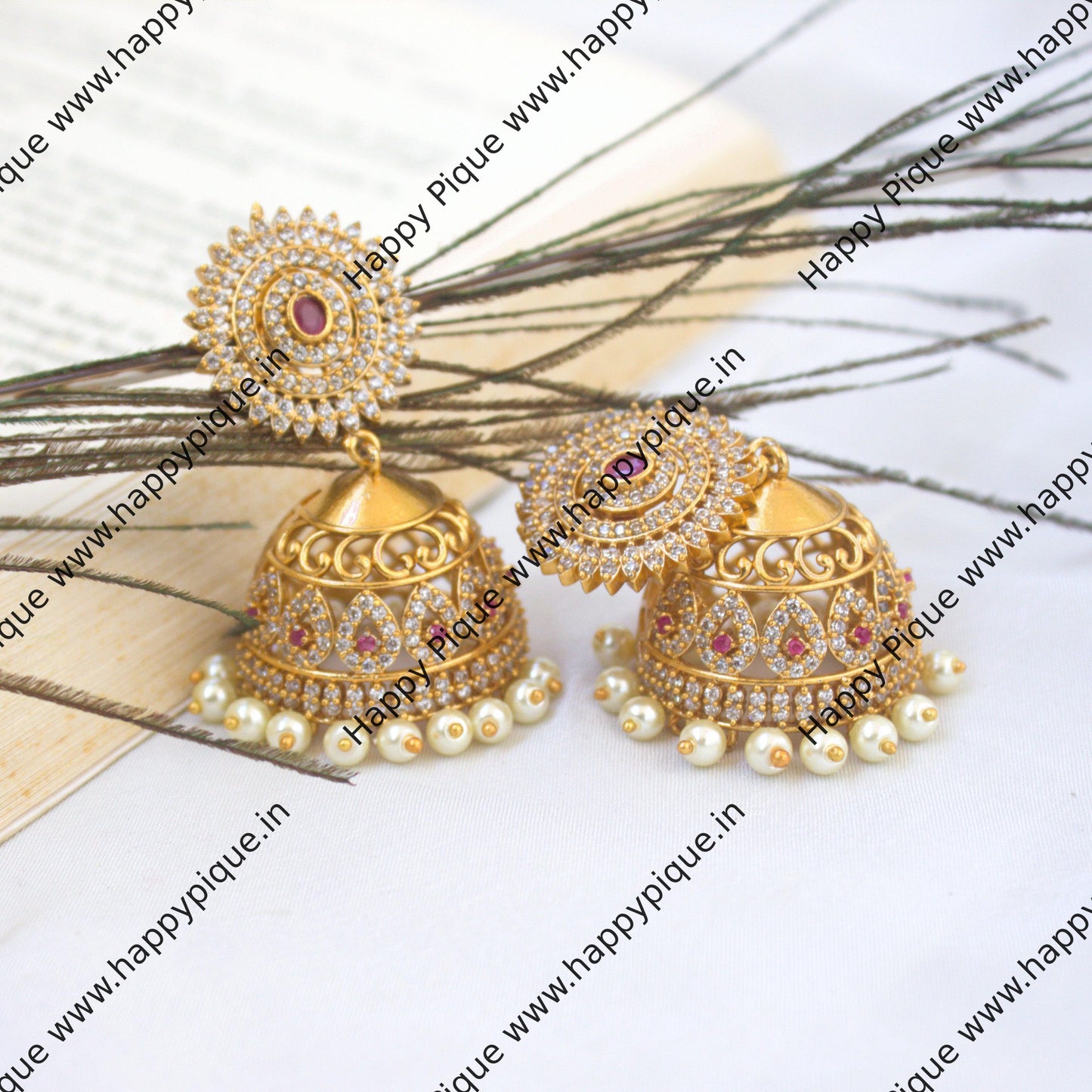 Premium Gold Look AD Bridal Jhumkas - Ruby