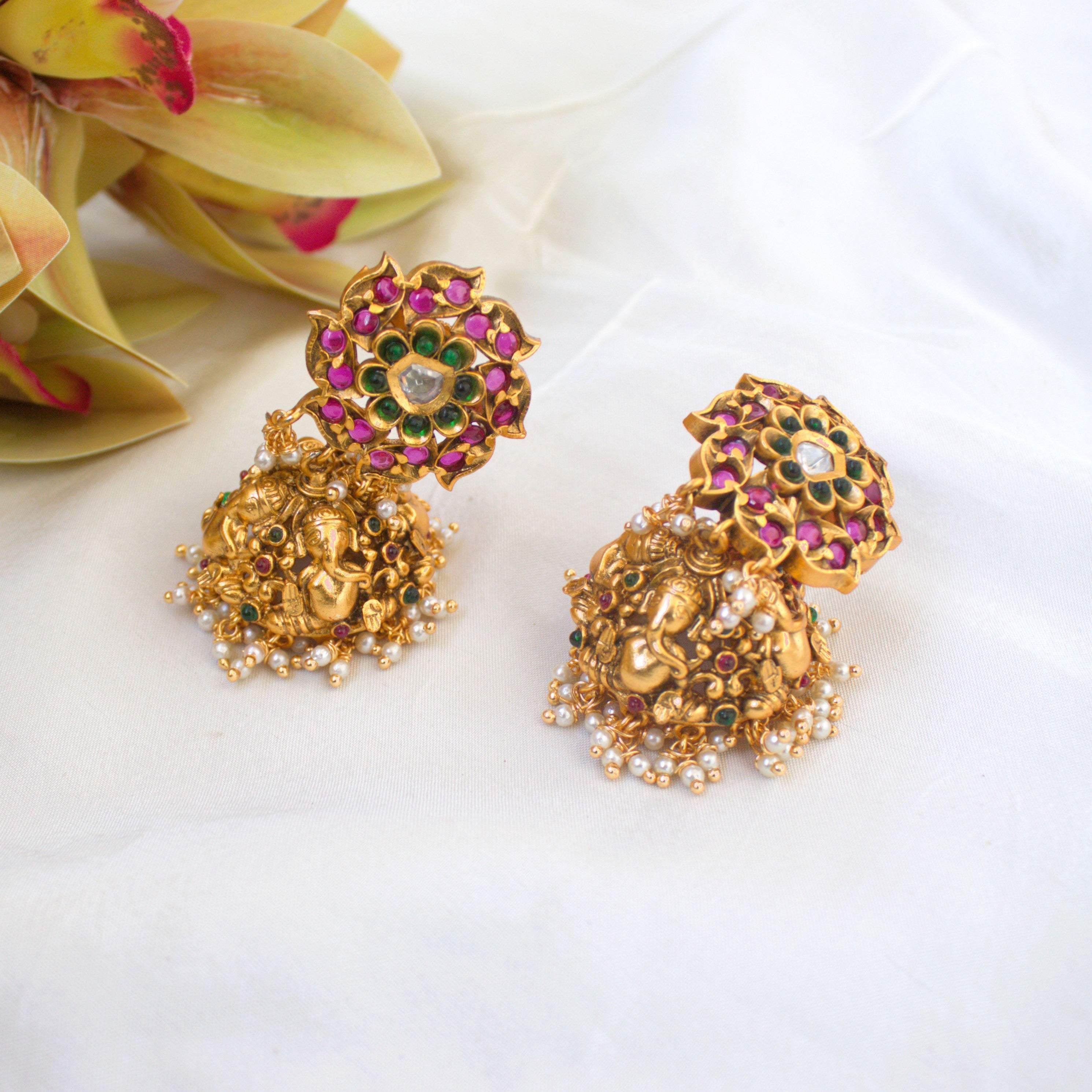 Nakshi Real Kemp Bridal Ganesha Jhumkas - Ruby, Green & White