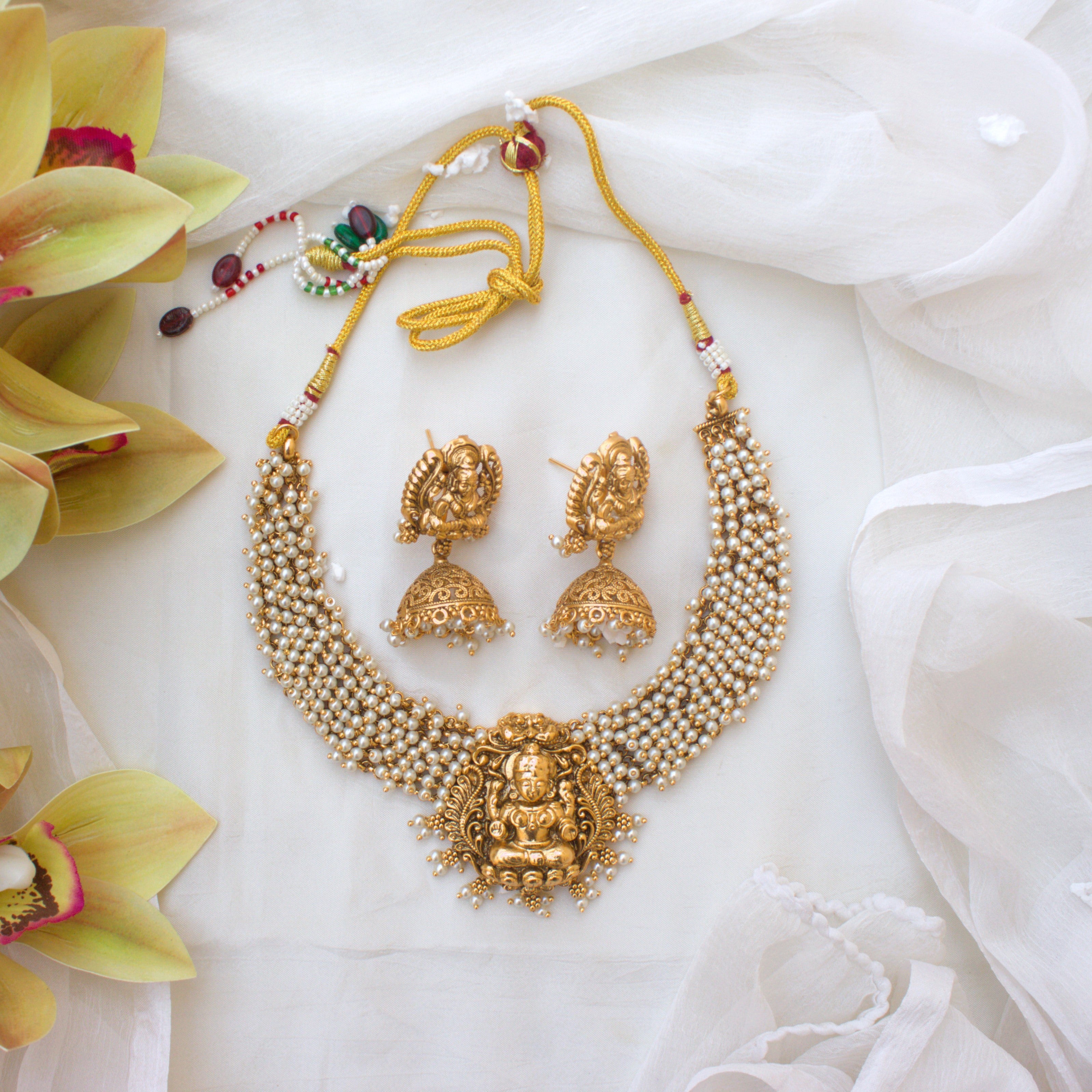 Premium Pearl Bunch Antique Gold Lakshmi Necklace Set