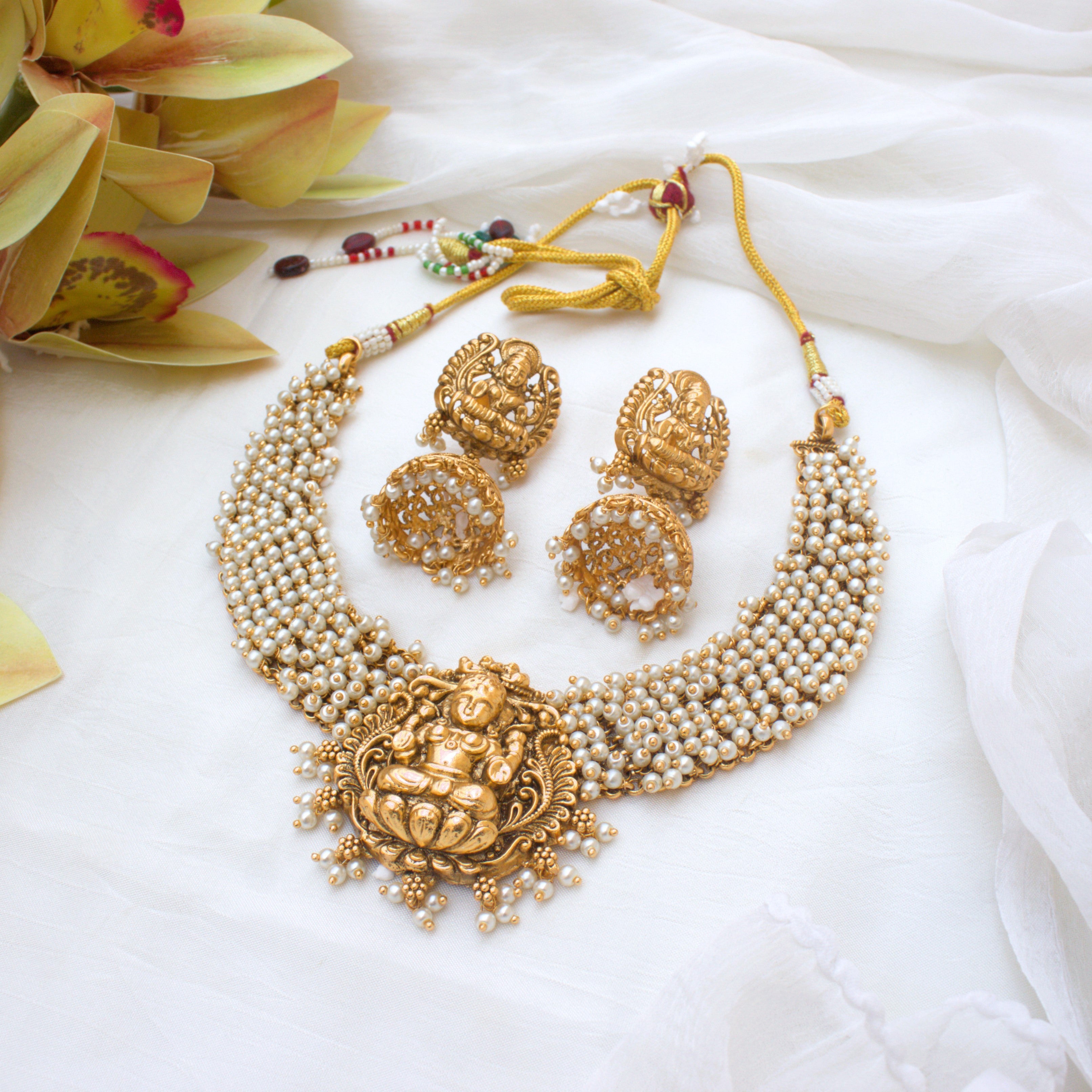 Premium Pearl Bunch Antique Gold Lakshmi Necklace Set