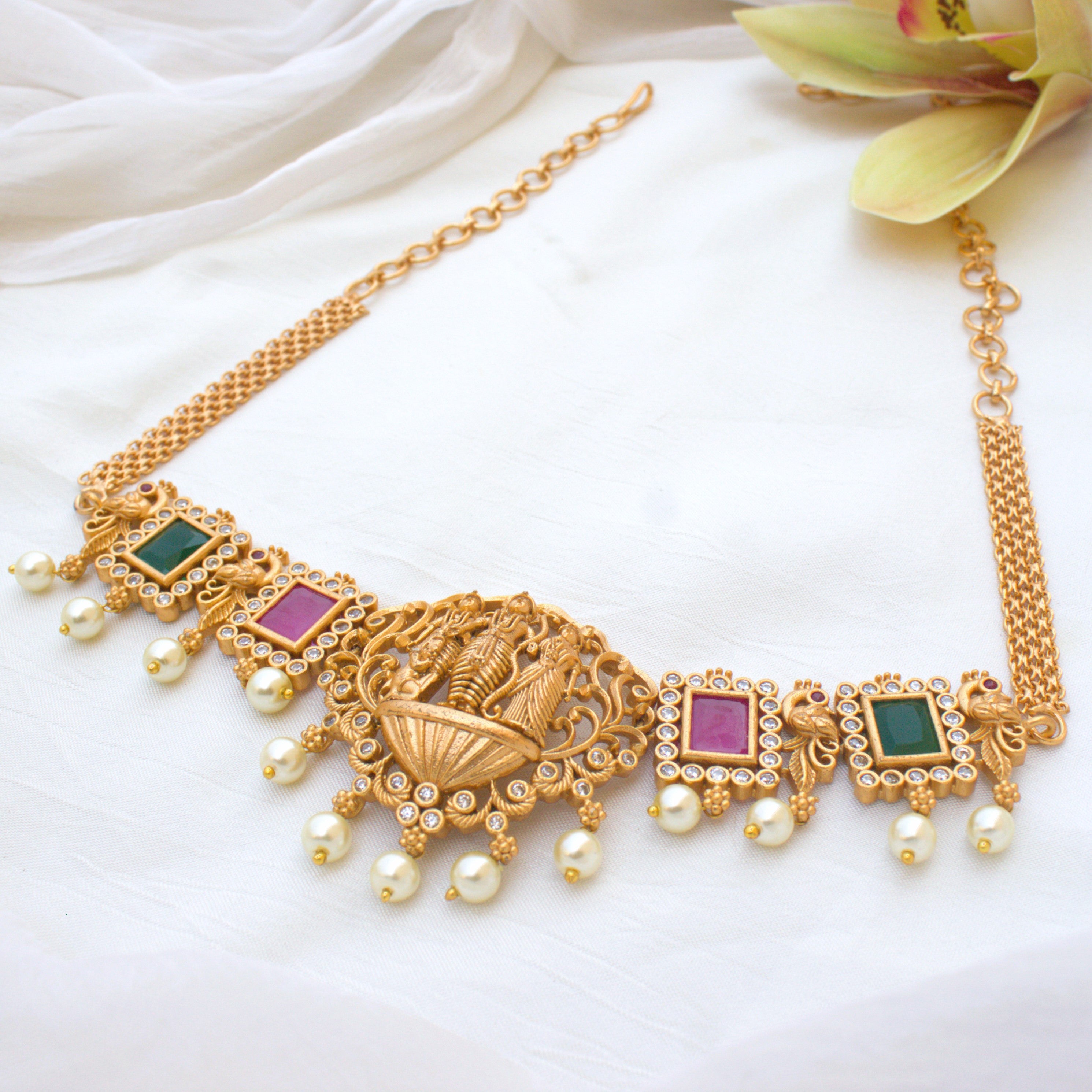 Premium Antique Gold AD Ram Parivar Choker Set