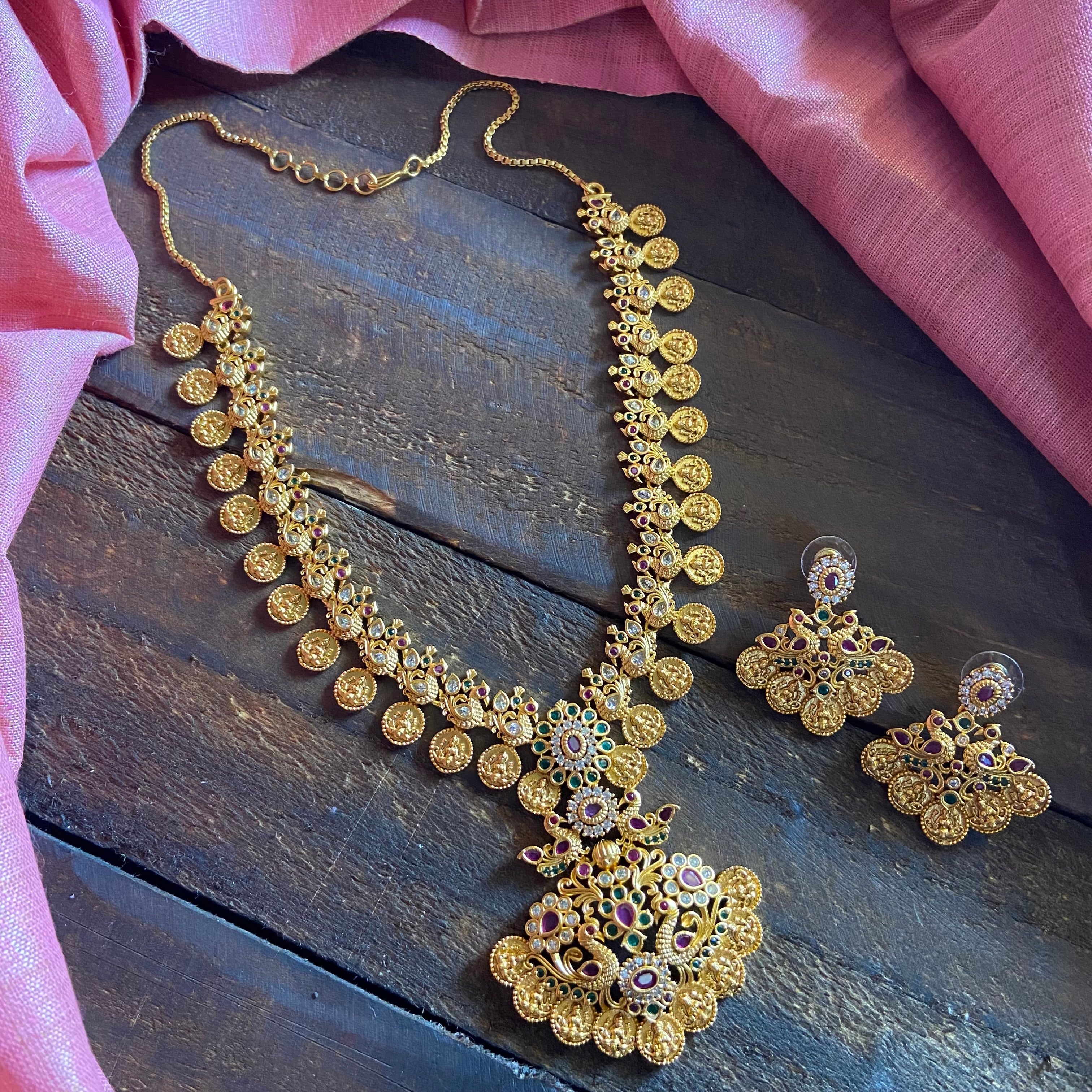 Matte Gold Look Mahalakshmi Coin Mayil AD Necklace