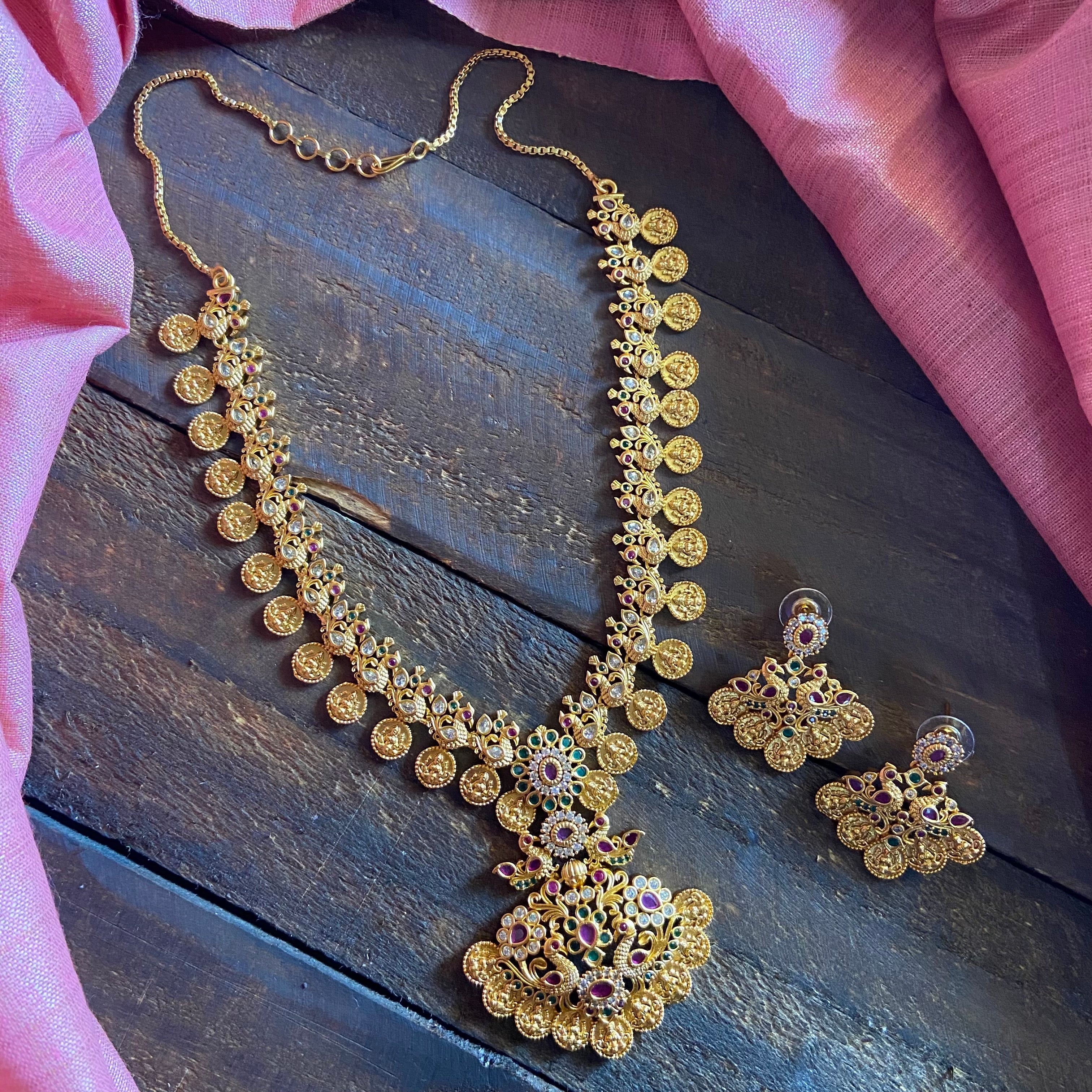 Matte Gold Look Mahalakshmi Coin Mayil AD Necklace