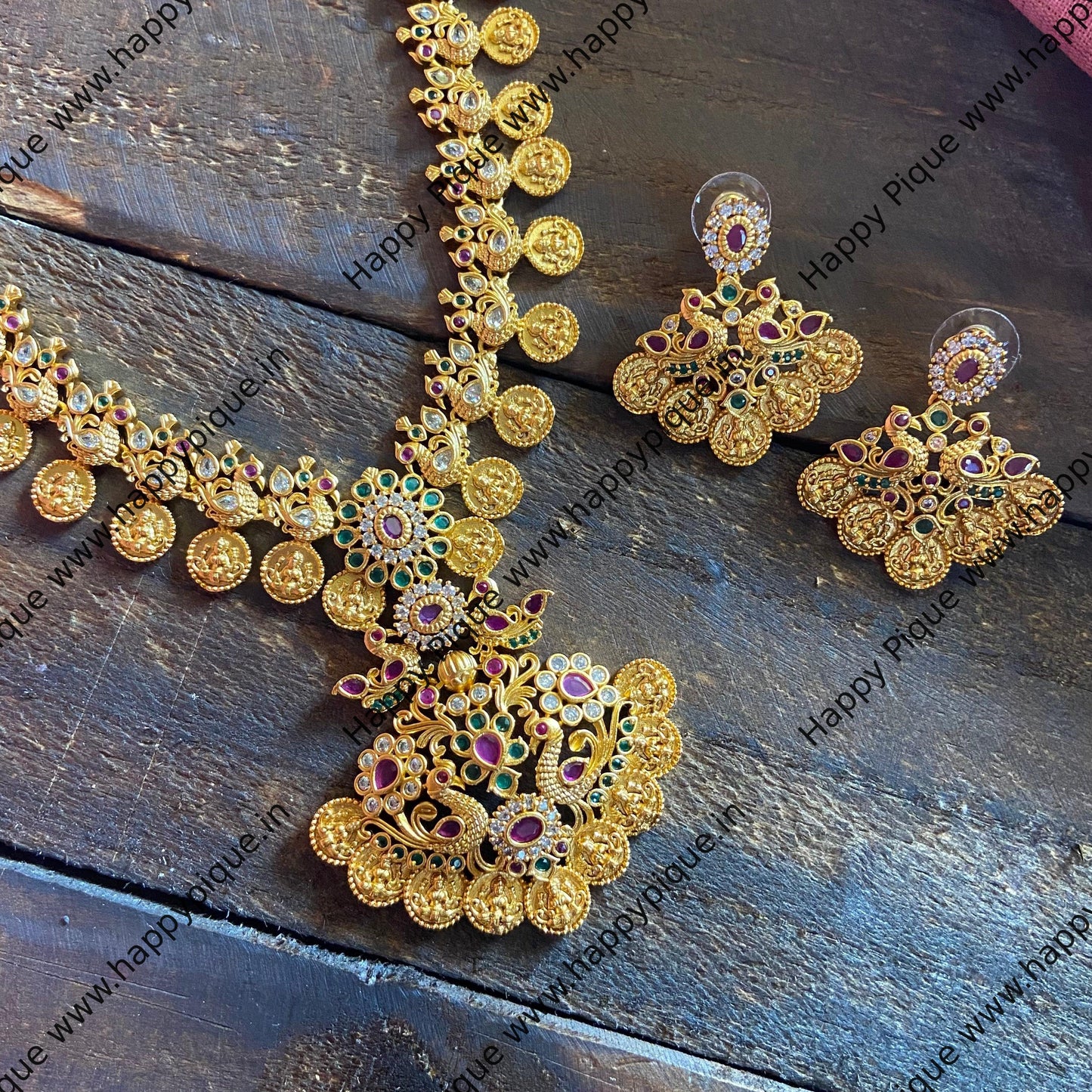 Matte Gold Look Mahalakshmi Coin Mayil AD Necklace