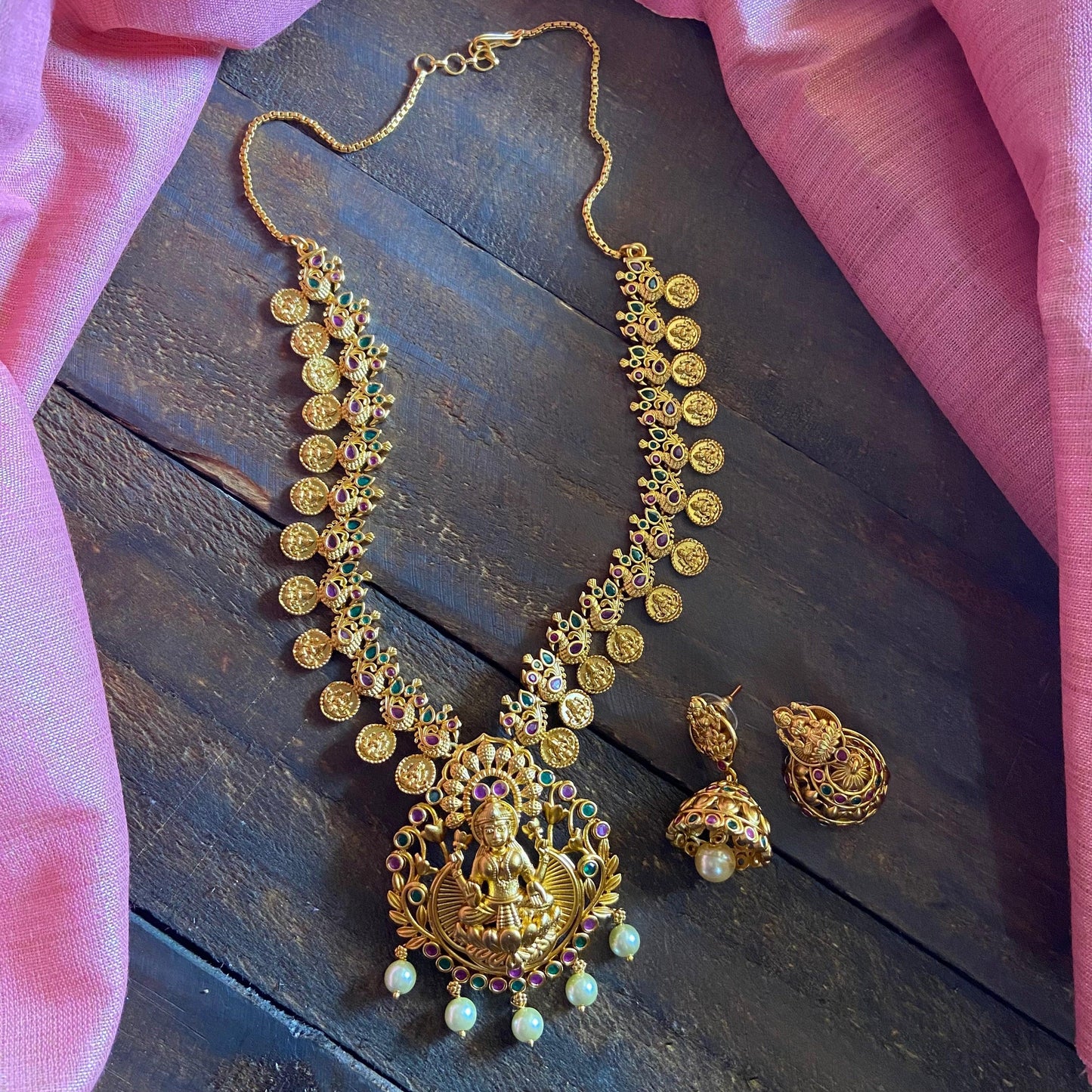 Gold Look Alike Lakshmi Kaasu/Coin Mayuri AD Necklace - Happy Pique 