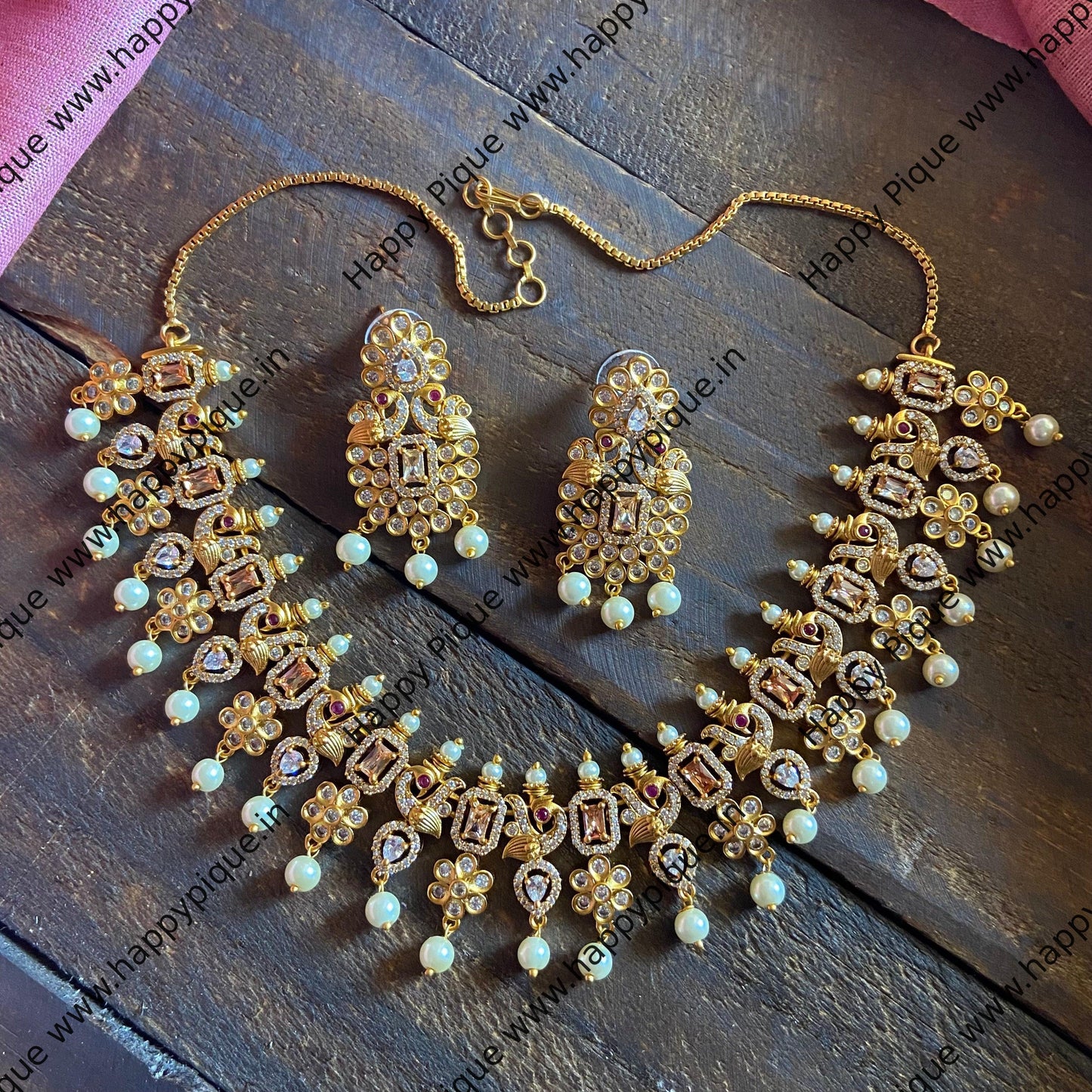 Matte Finish Zircon Peacock AD Necklace Set - Champagne