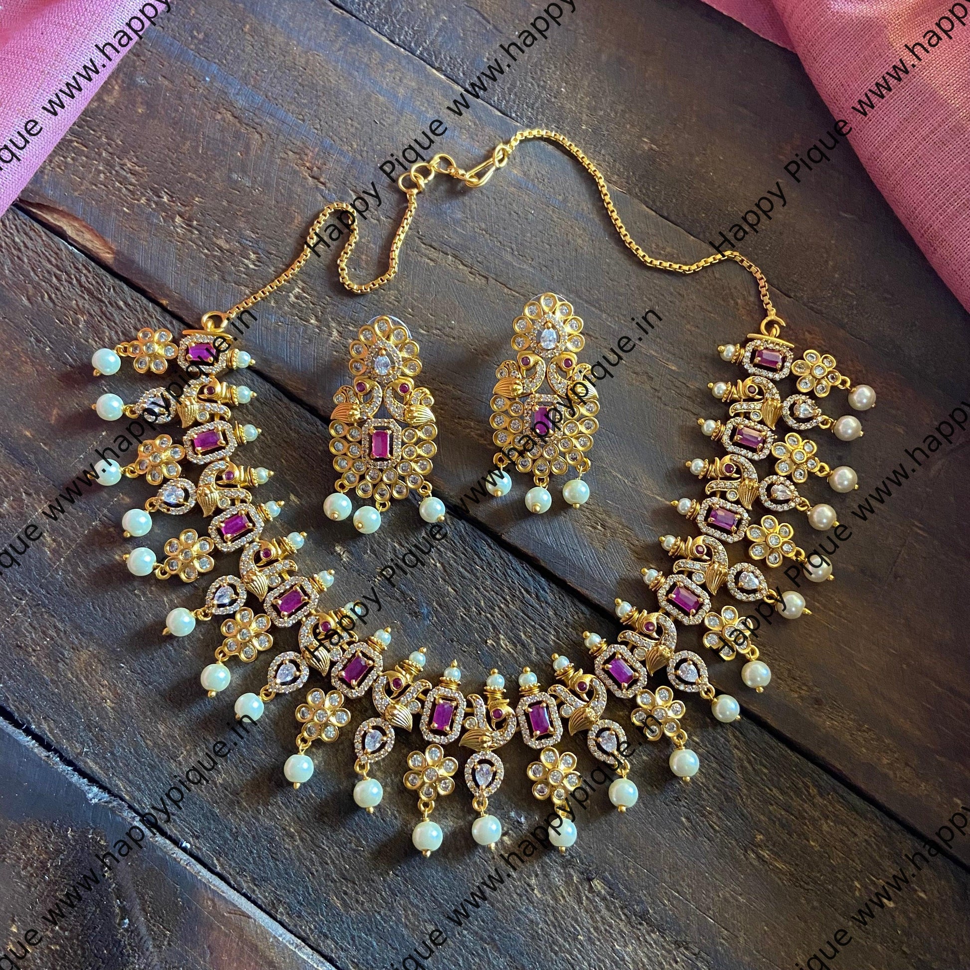 Matte Finish Zircon Peacock AD Necklace Set - Ruby - Happy Pique