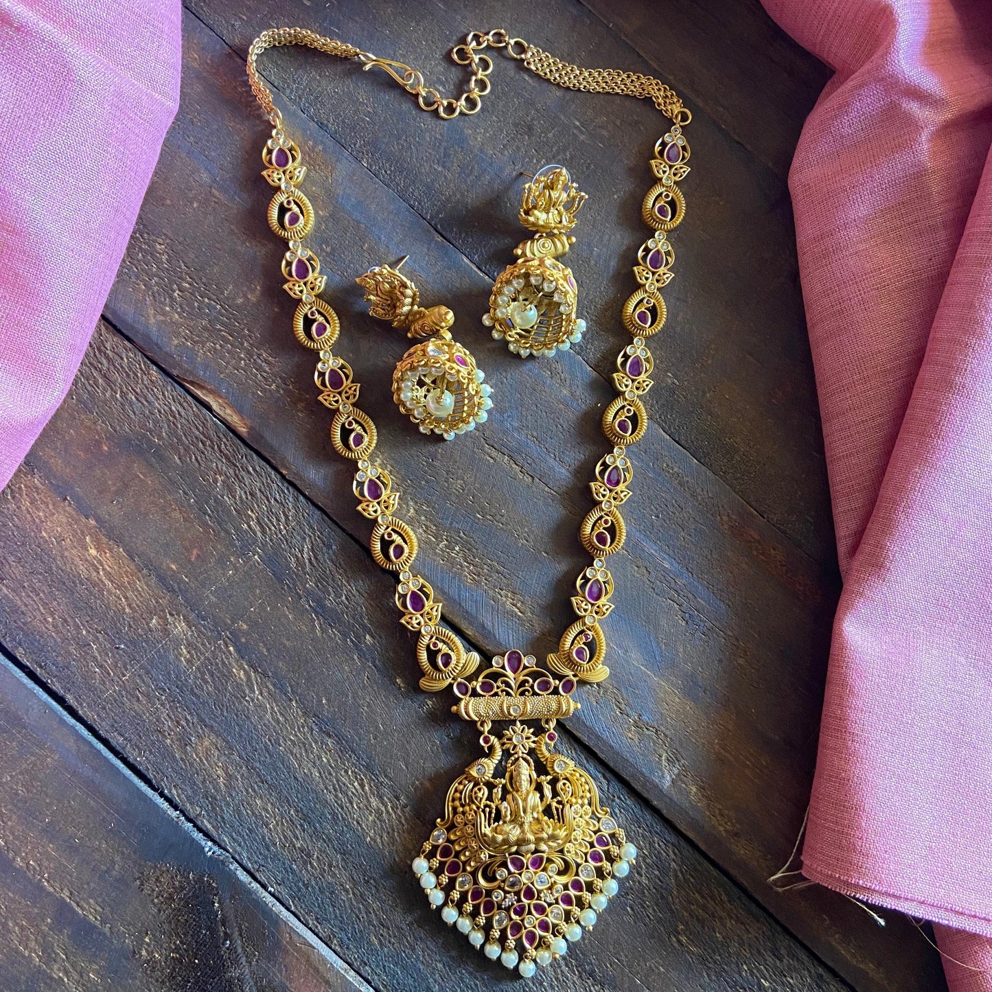 Gold Look Matte Finish Mahalakshmi Parrot AD Necklace Set - Happy Pique 