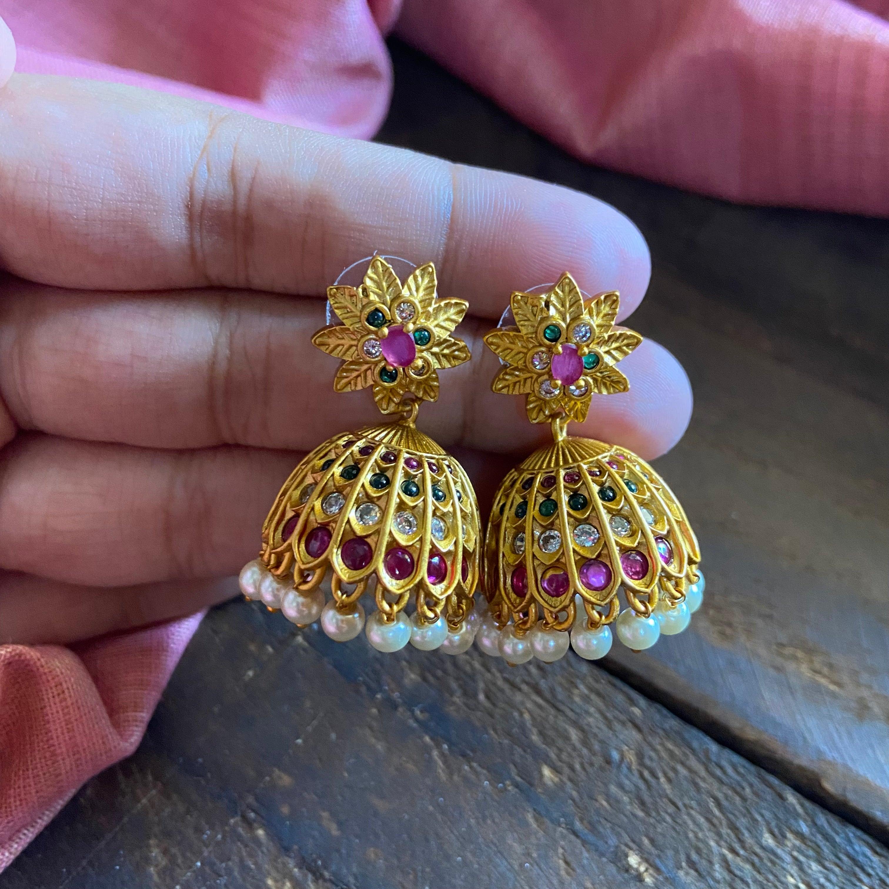 Gold Look Matte Kemp AD Flower Jhumkas - Happy Pique 