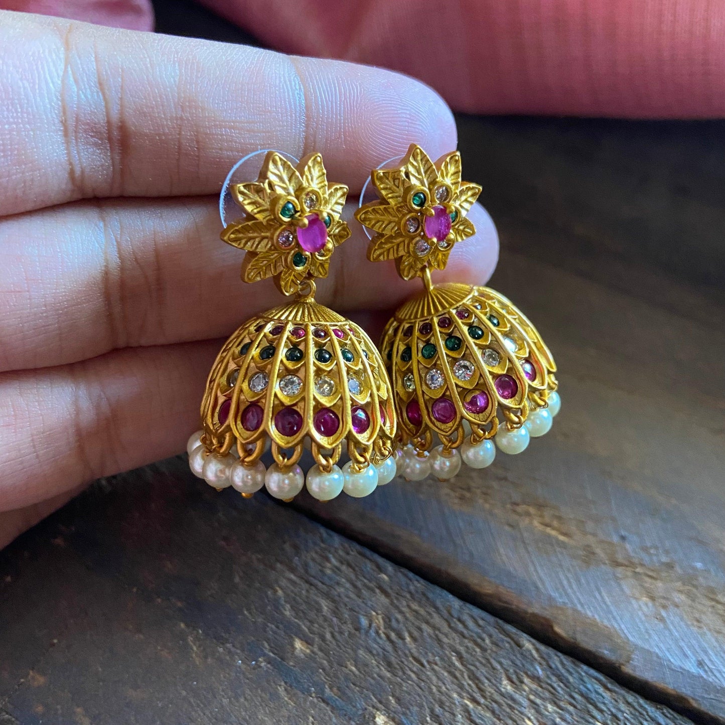 Gold Look Matte Kemp AD Flower Jhumkas - Happy Pique 