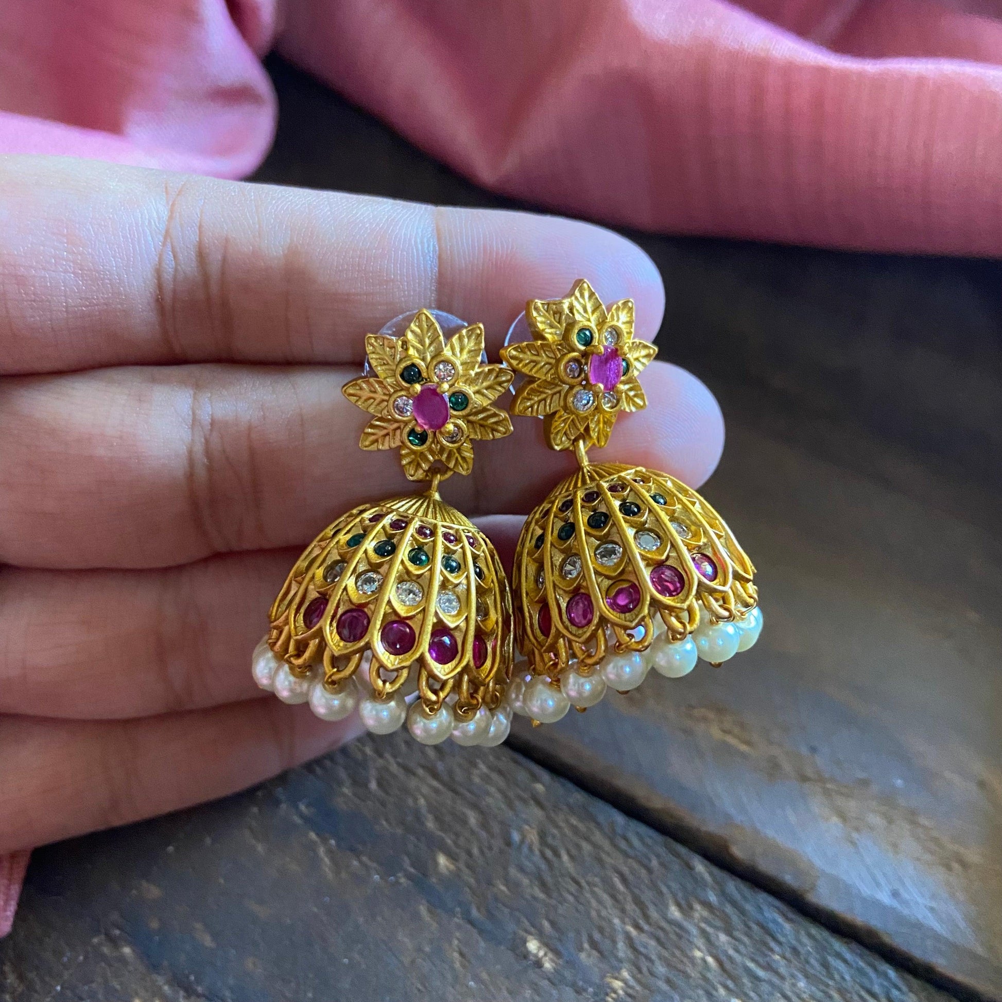 Gold Look Matte Kemp AD Flower Jhumkas - Happy Pique 