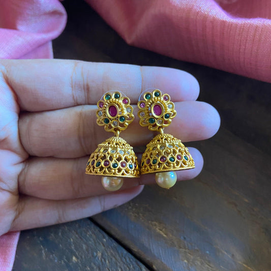 Gold Look AD Kemp Flower Jhumkas - Happy Pique 