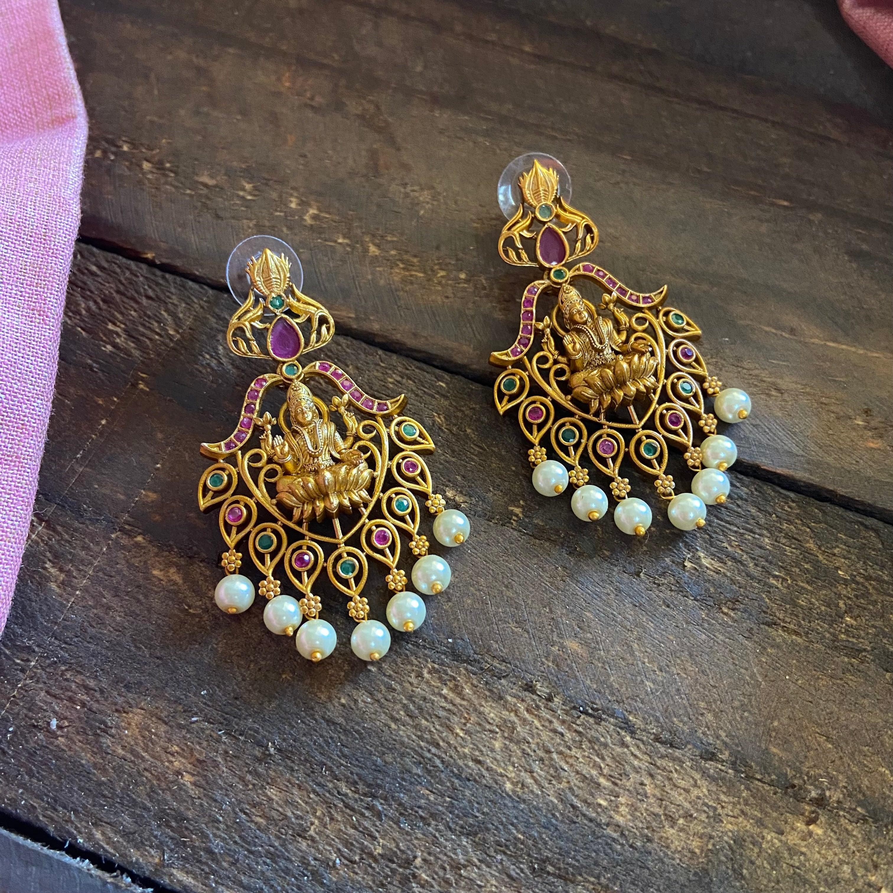 Antique Gold Matte Lakshmi Leaf AD Earrings - Happy Pique 