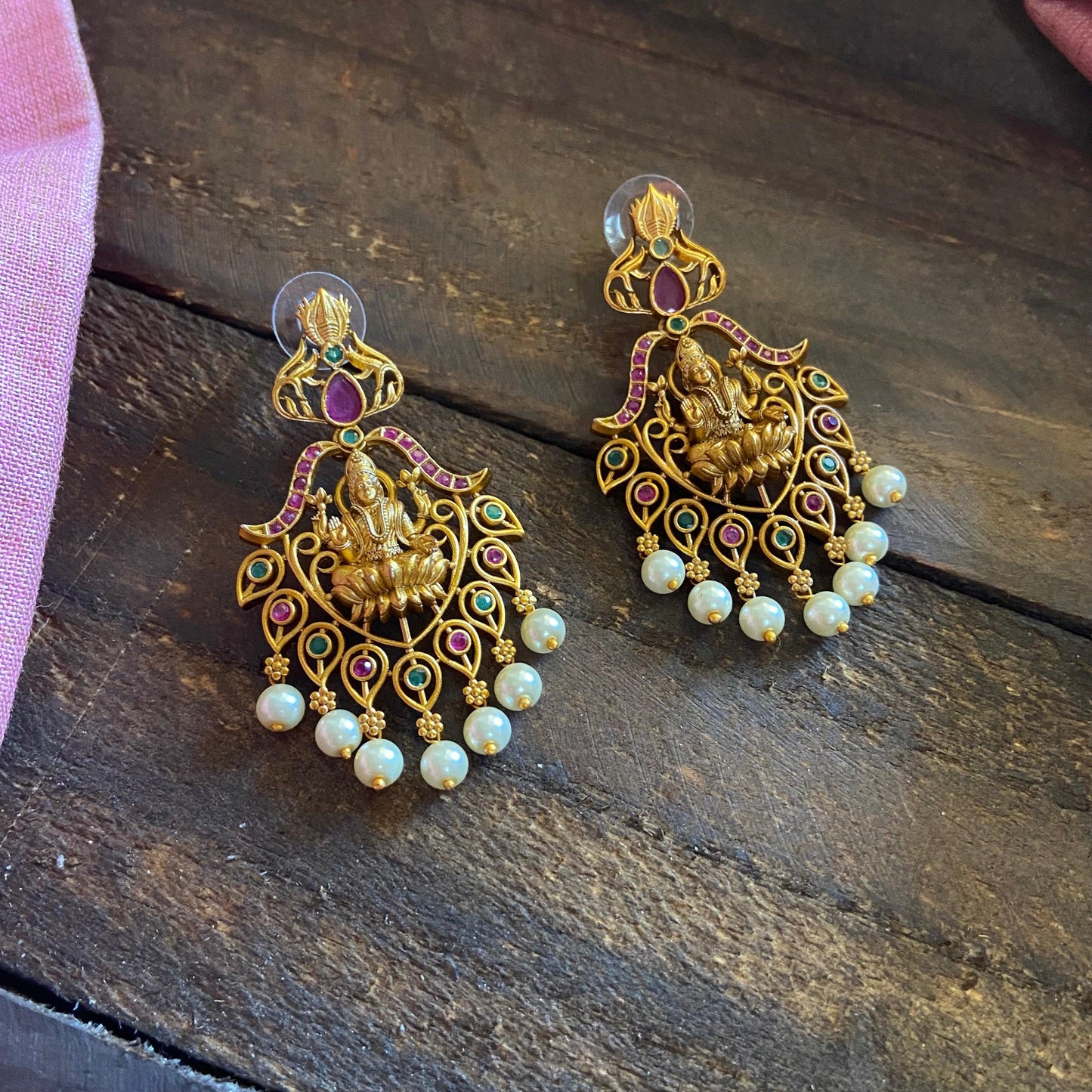 Antique Gold Matte Lakshmi Leaf AD Earrings - Happy Pique 