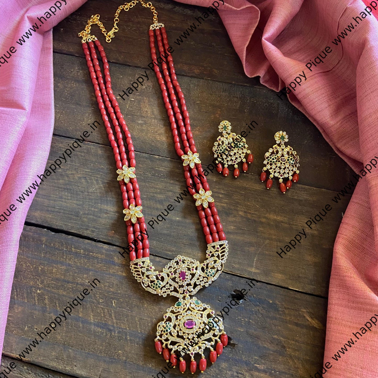 Premium Hand Strung Coral Beads AD Gold Look Alike Rani Haaram