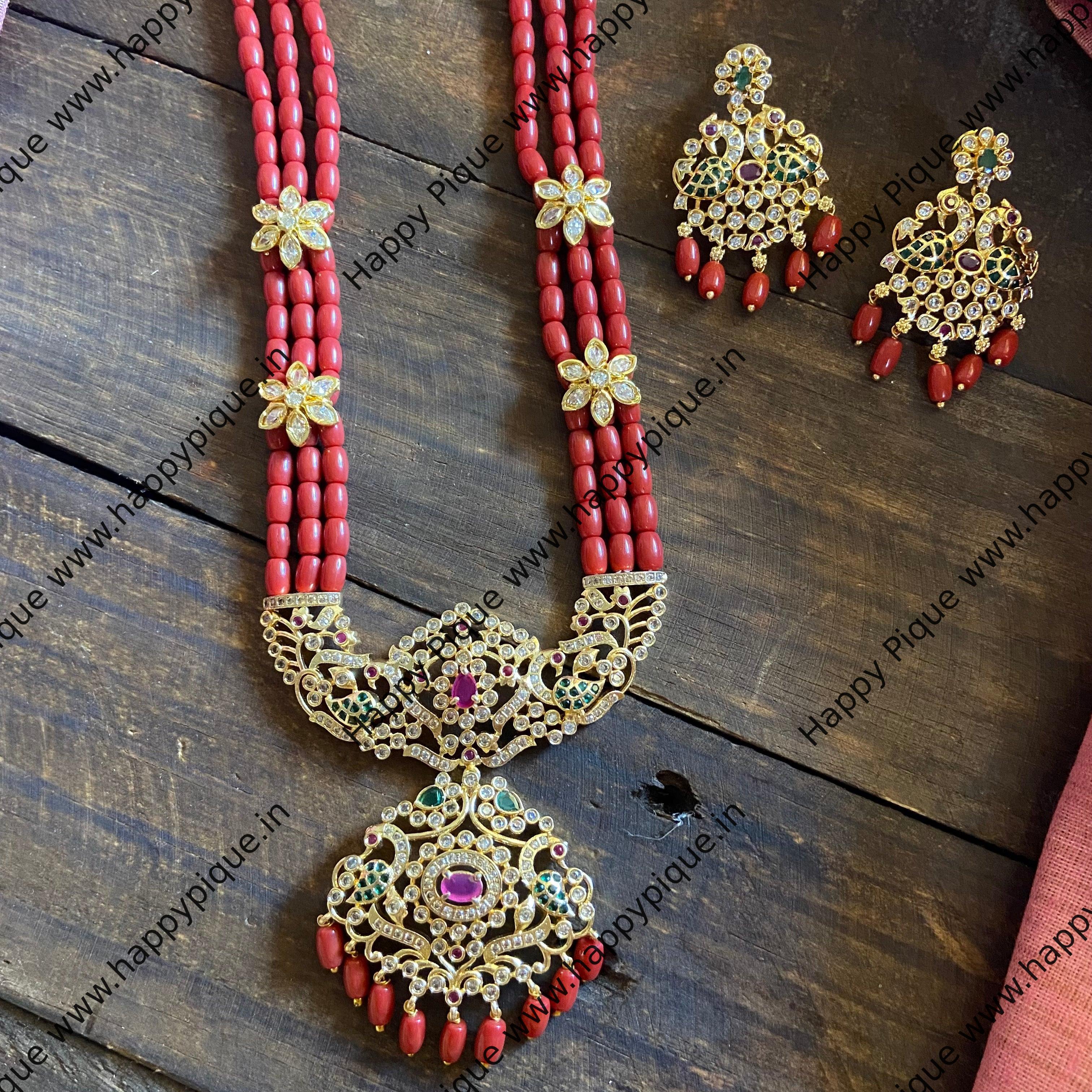 Premium Hand Strung Coral Beads AD Gold Look Alike Rani Haaram