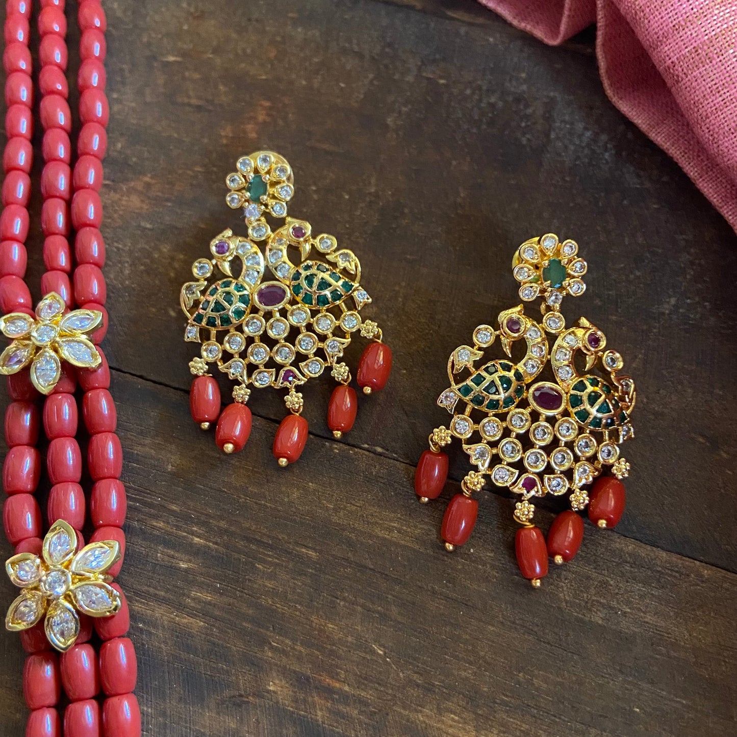 Premium Hand Strung Coral Beads AD Gold Look Alike Rani Haaram