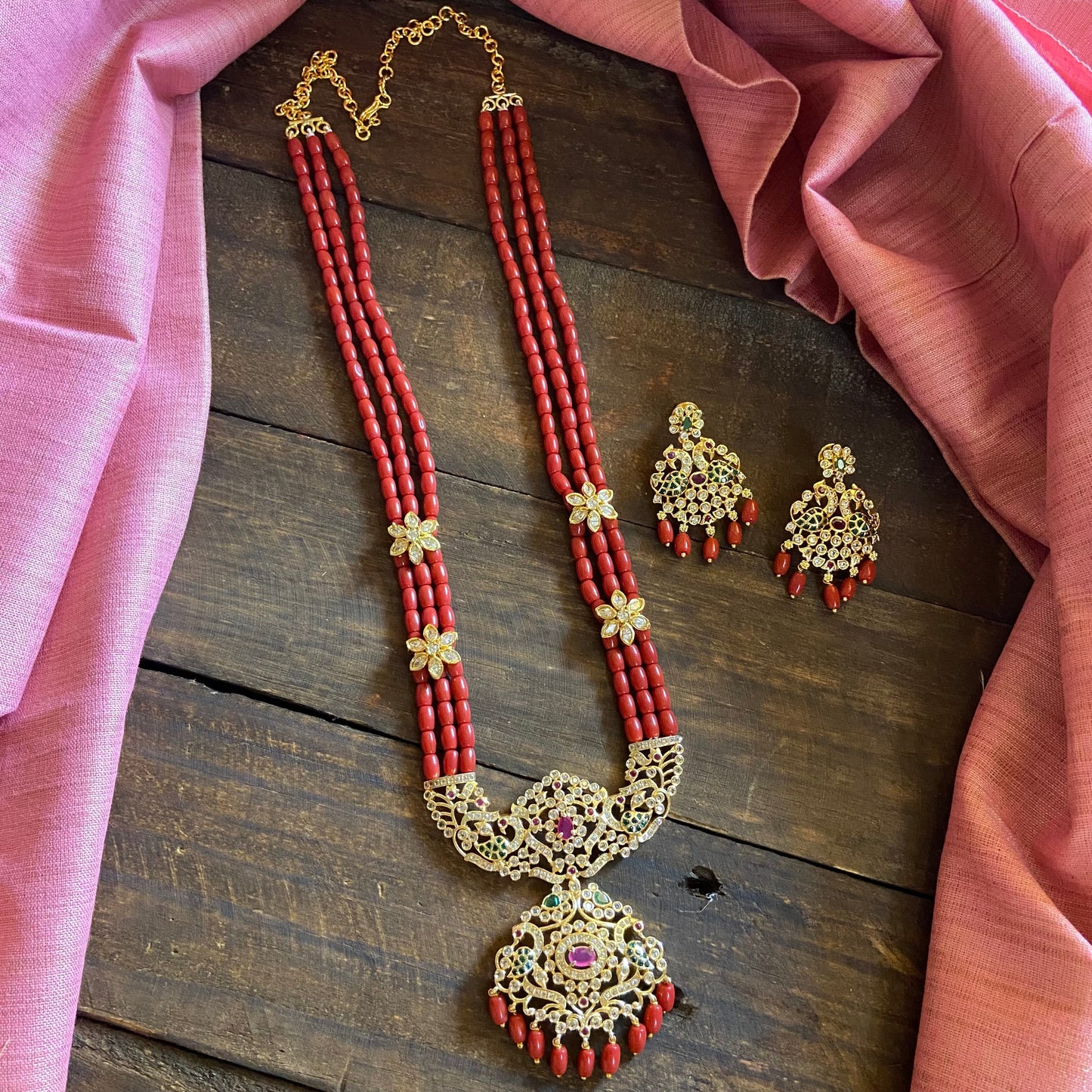 Premium Hand Strung Coral Beads AD Gold Look Alike Rani Haaram