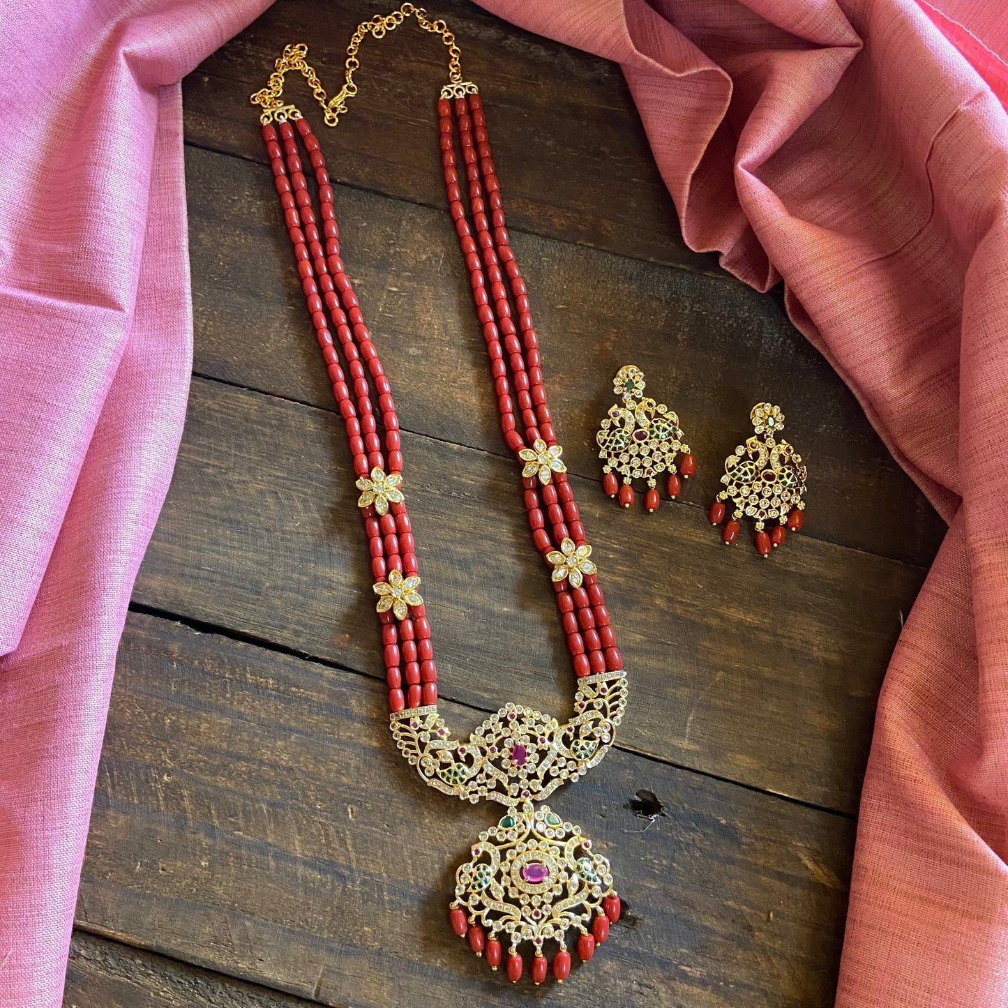 Premium Hand Strung Coral Beads AD Gold Look Alike Rani Haaram