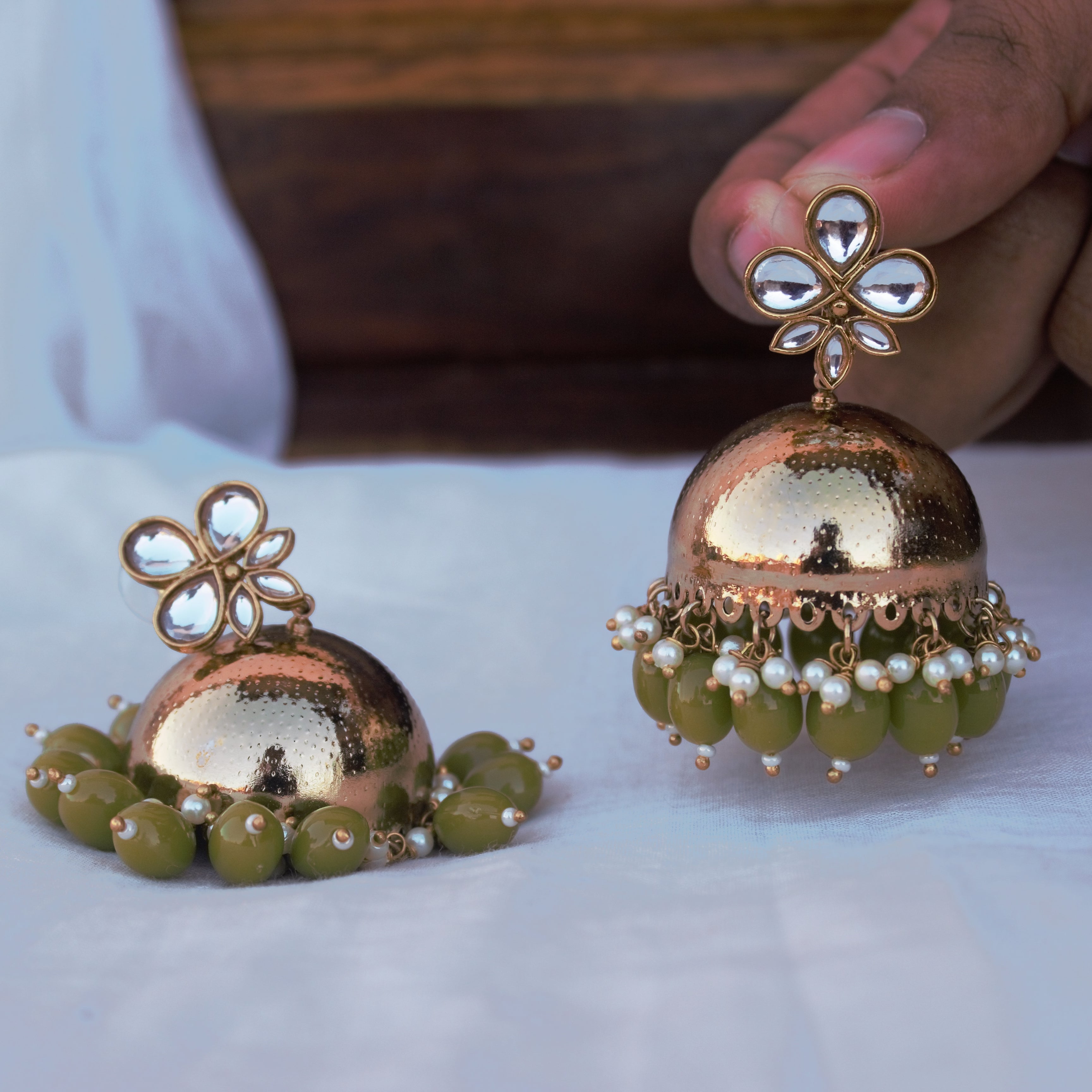 Olive Bead Festive Kundan Jhumkas