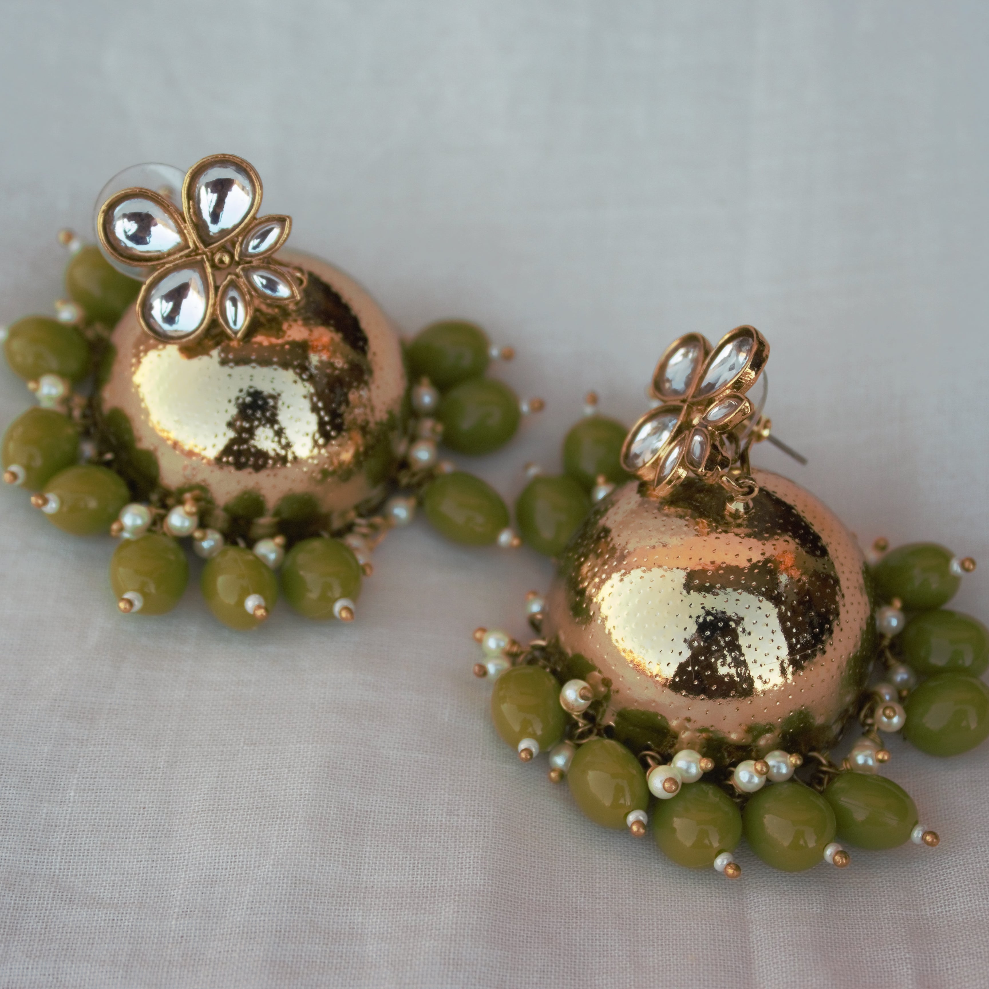 Olive Bead Festive Kundan Jhumkas