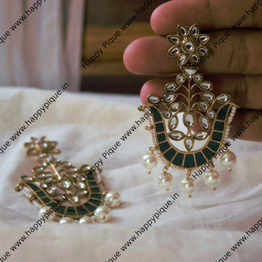 Mughalai Kundan U Shaped Meenakari Earrings - Green - Happy Pique