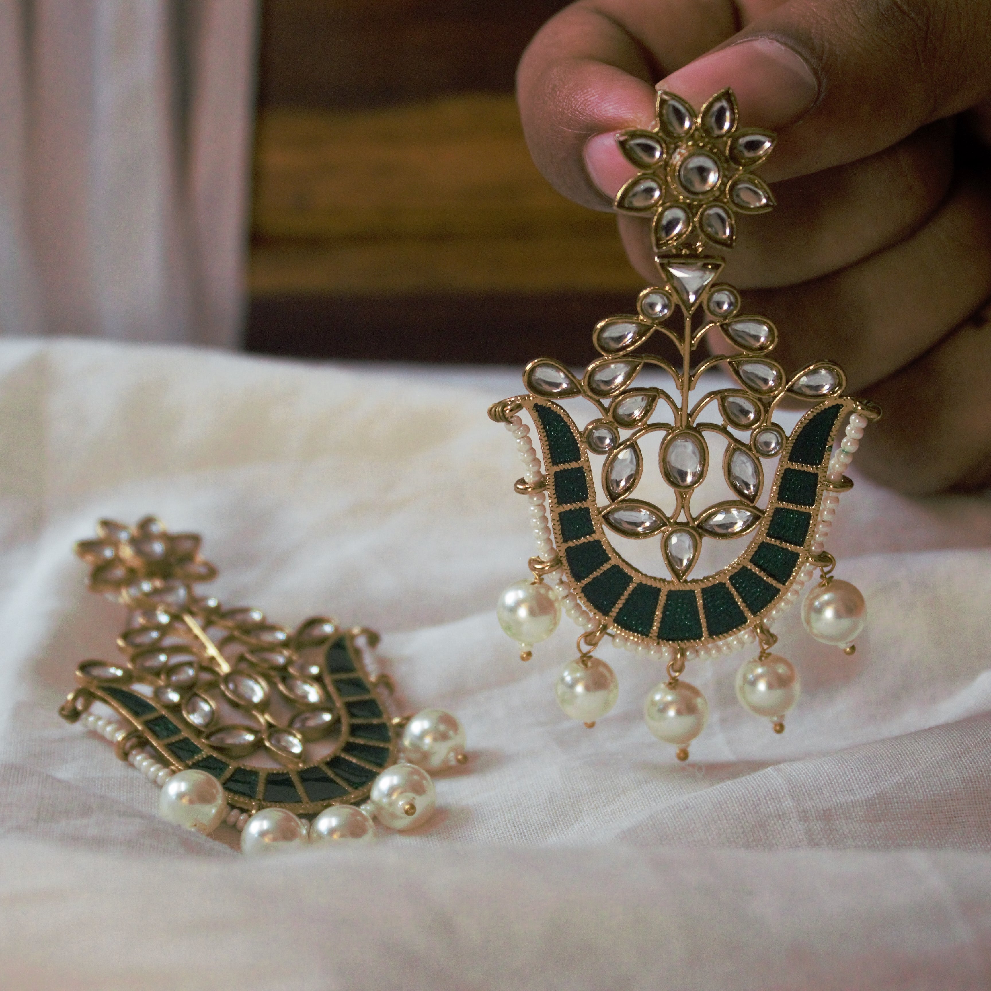 Mughalai Kundan U Shaped Meenakari Earrings - Green - Happy Pique