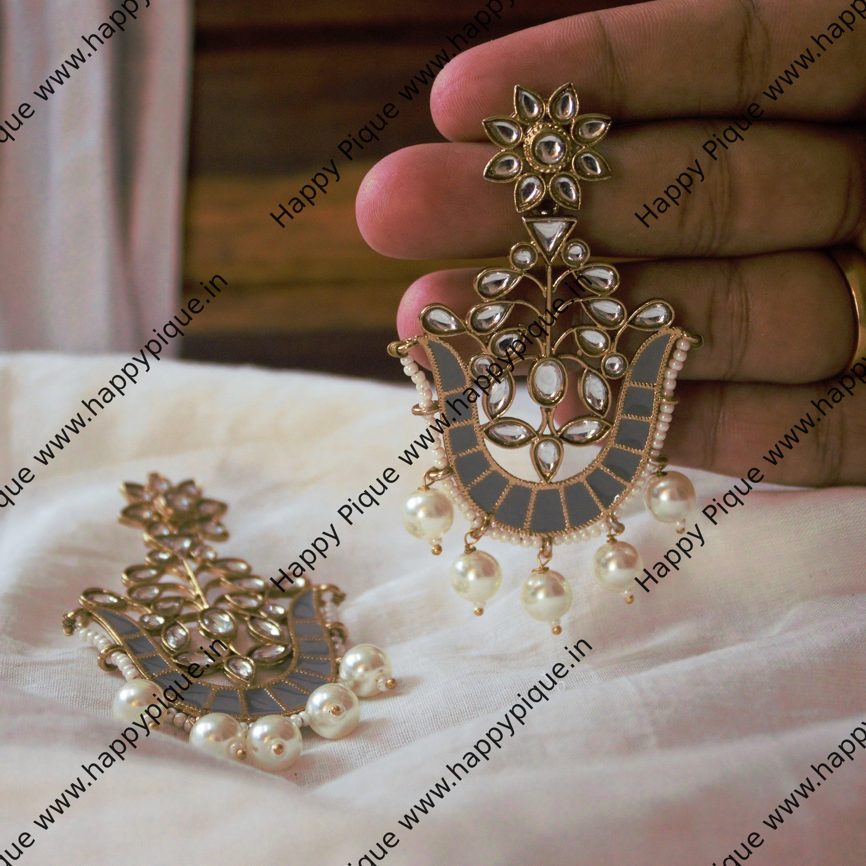 Mughalai Kundan U Shaped Meenakari Earrings - Grey - Happy Pique