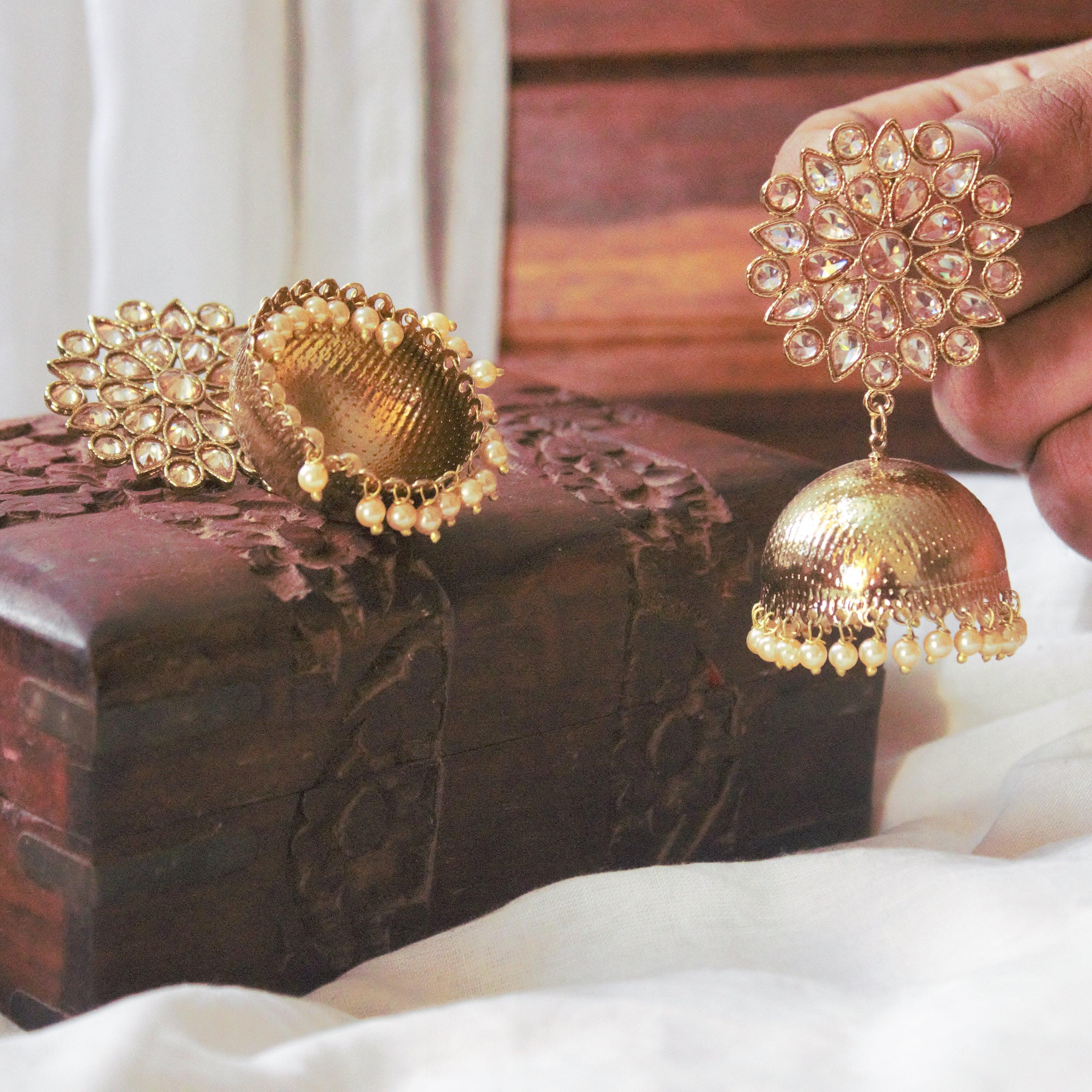 Festive Flower Long Polki Jhumkas - Gold